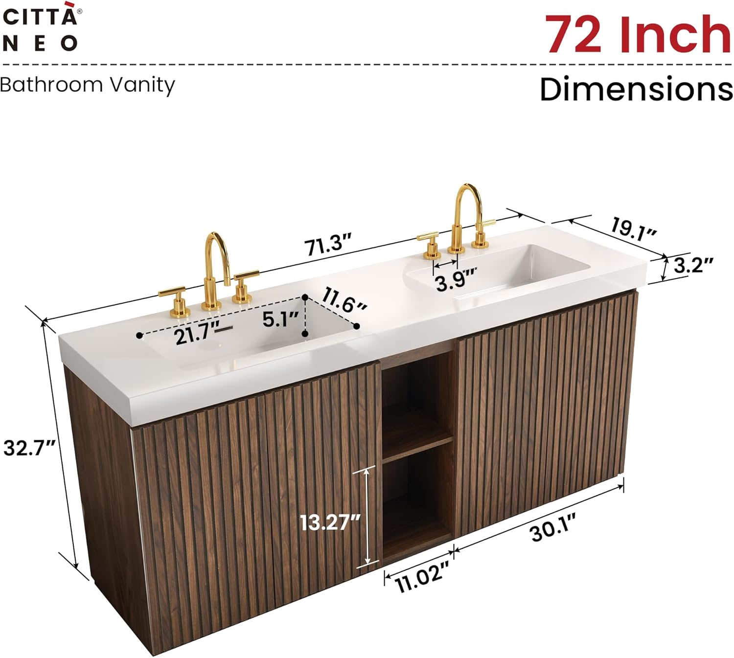 72" Bathroom Vanity with Double Sink, Freestanding Double Sink Bathroom Vanity with White Engineered Stone Top, Open Storage Cabinet & Adjustable Shelf, 4 Soft-Closing Doors, Walnut