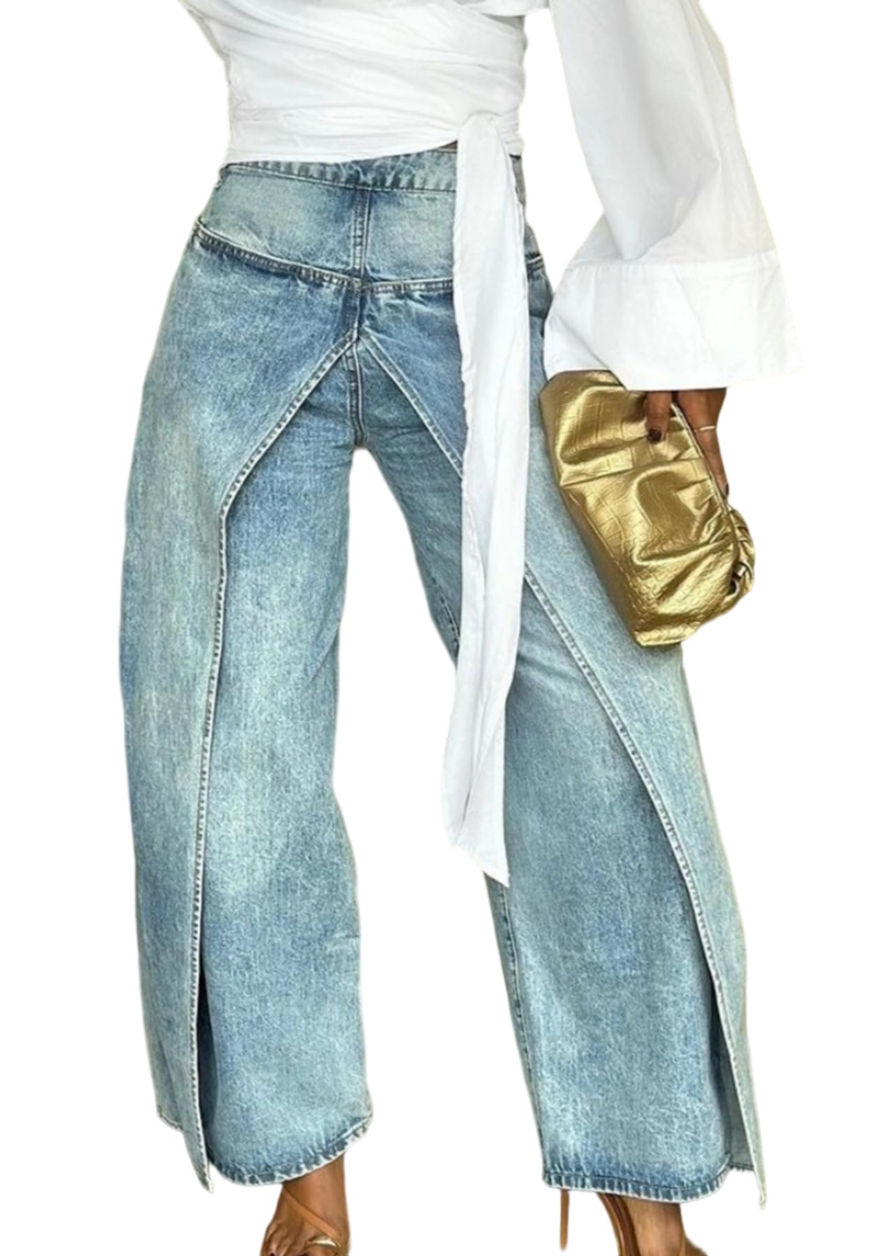 Ecirod Womens Patchwork Jeans Trendy Straight Leg High Waisted Trousers Split Hem Denim Pants with Pockets