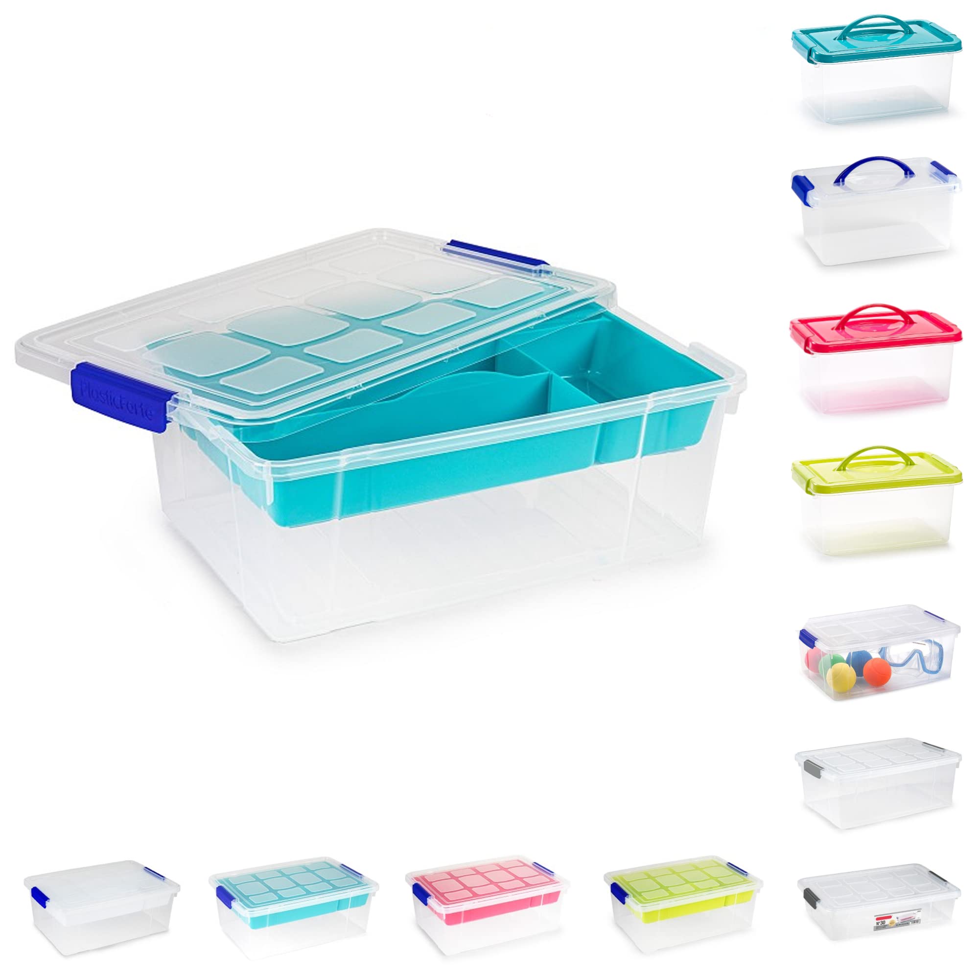 Plastific 9L - Storage Box With Turquoise Tray Plastic Storage Box Lightweight Robust Stackable Storage Boxes With Lid, Clear Latch Boxes, Plastic Organiser, Space Saving Solution For Home Office (9L - Storage Box With Turquoise Tray)
