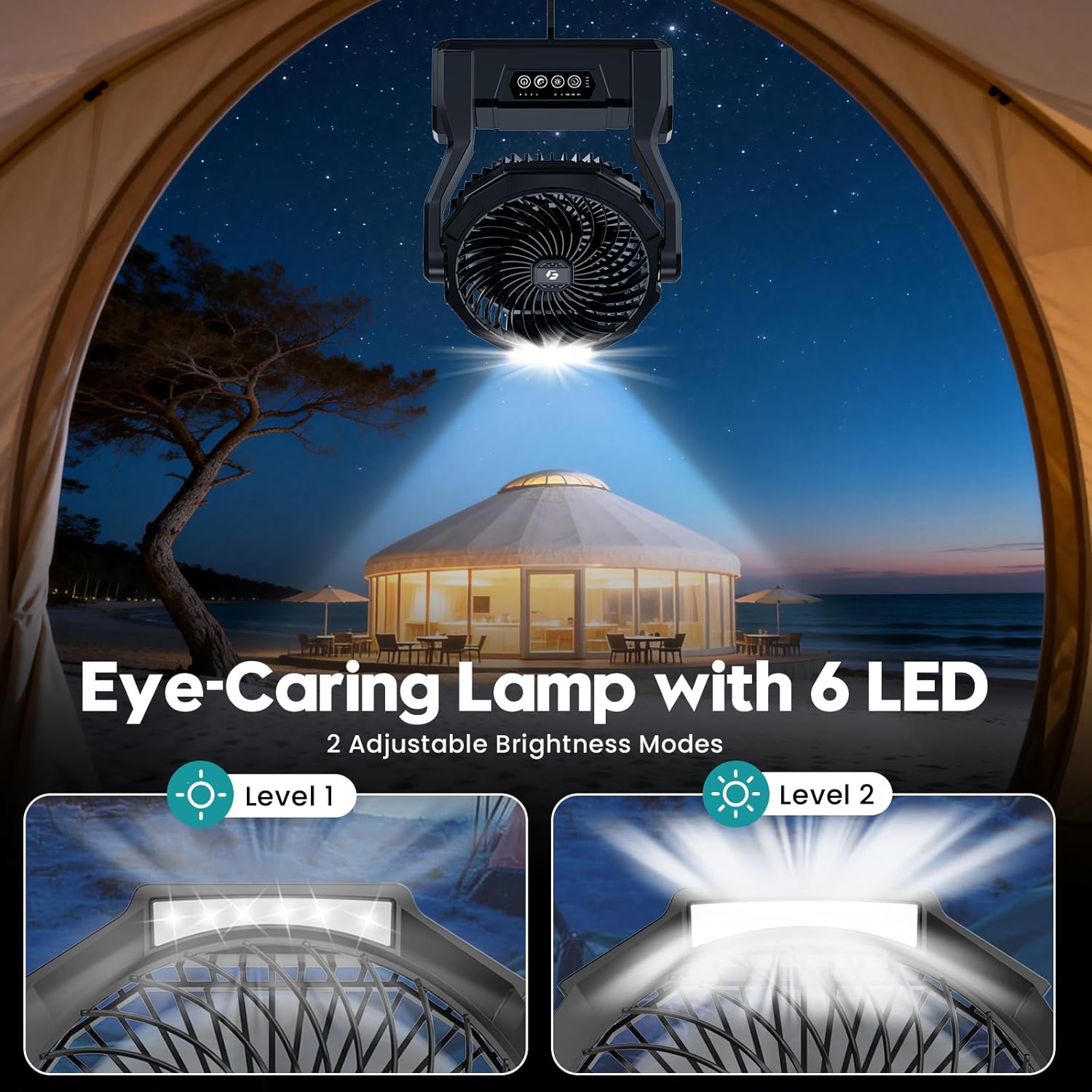 XZK Camping Fan, 20000mAh Rechargeable Battery Powered Fan, Portable Cordless Desk Fan with 4 Speeds 3 Timer, 2 LED Light, USB C Charging, Hanging Hook for Home Office Travel Tent - Dark Black