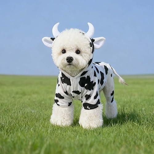 Miniatura 2 de FLAdorepet Disfraz de vaca para perro de Halloween para perro pequeño, mediano y grande, chaqueta de forro polar de invierno, abrigo con capucha,