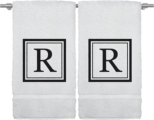 Miniatura 47 de Monogrammed Hand Towel, 16 x 30 Inches Set of 2, Personalized Gift- White Letter Embroidered with Square Design on Black Towel - Extra Absorbent
