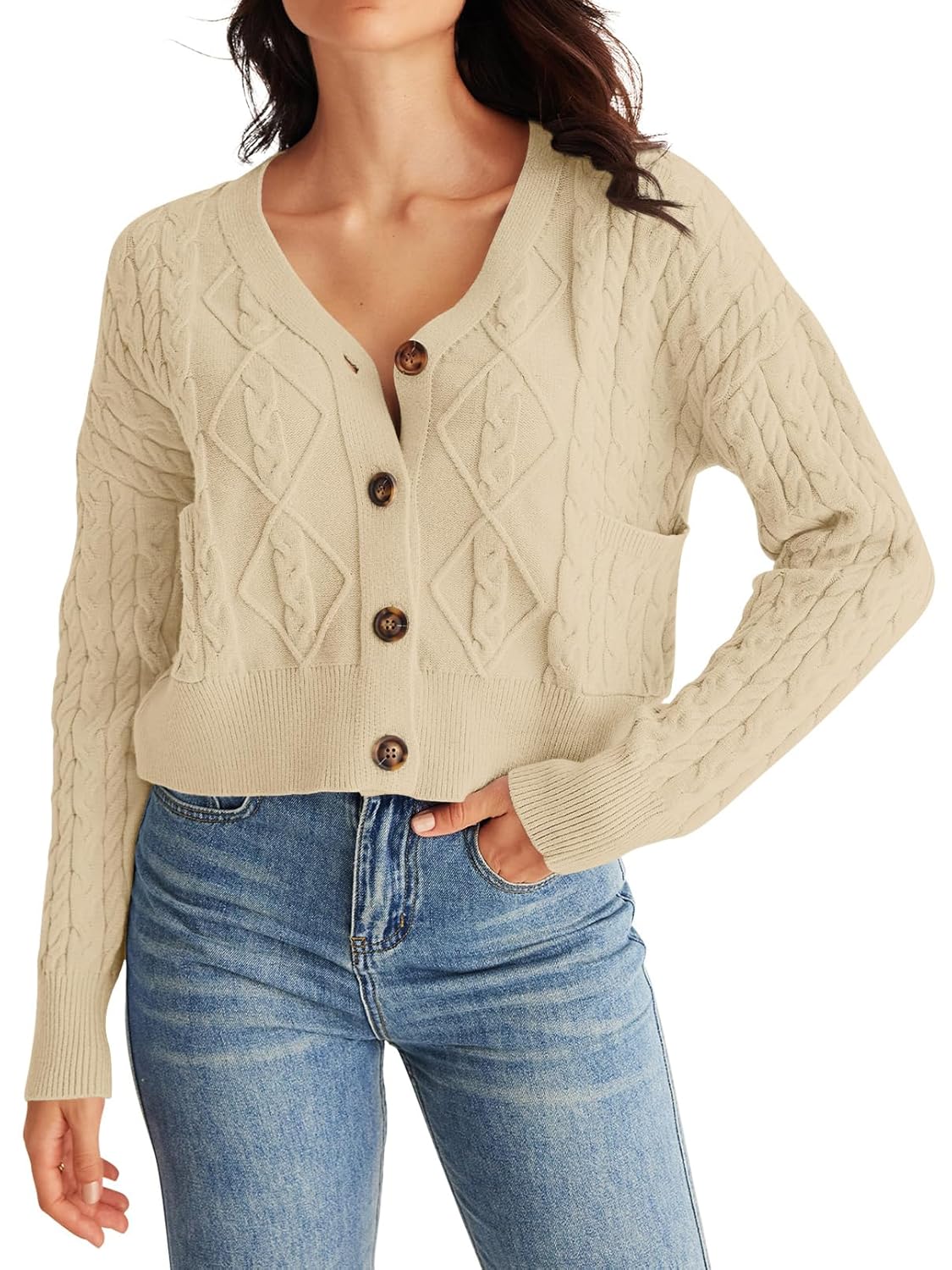 MEROKEETY Womens Long Sleeve Open Front Cable Knit Crop Cardigans V Neck Button Sweaters with Pockets