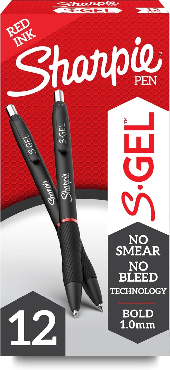 Sharpie S-Gel S-Gel High-Performance Gel Pen, Retractable, Bold 1 Mm, Red Ink, Black Barrel, Dozen
