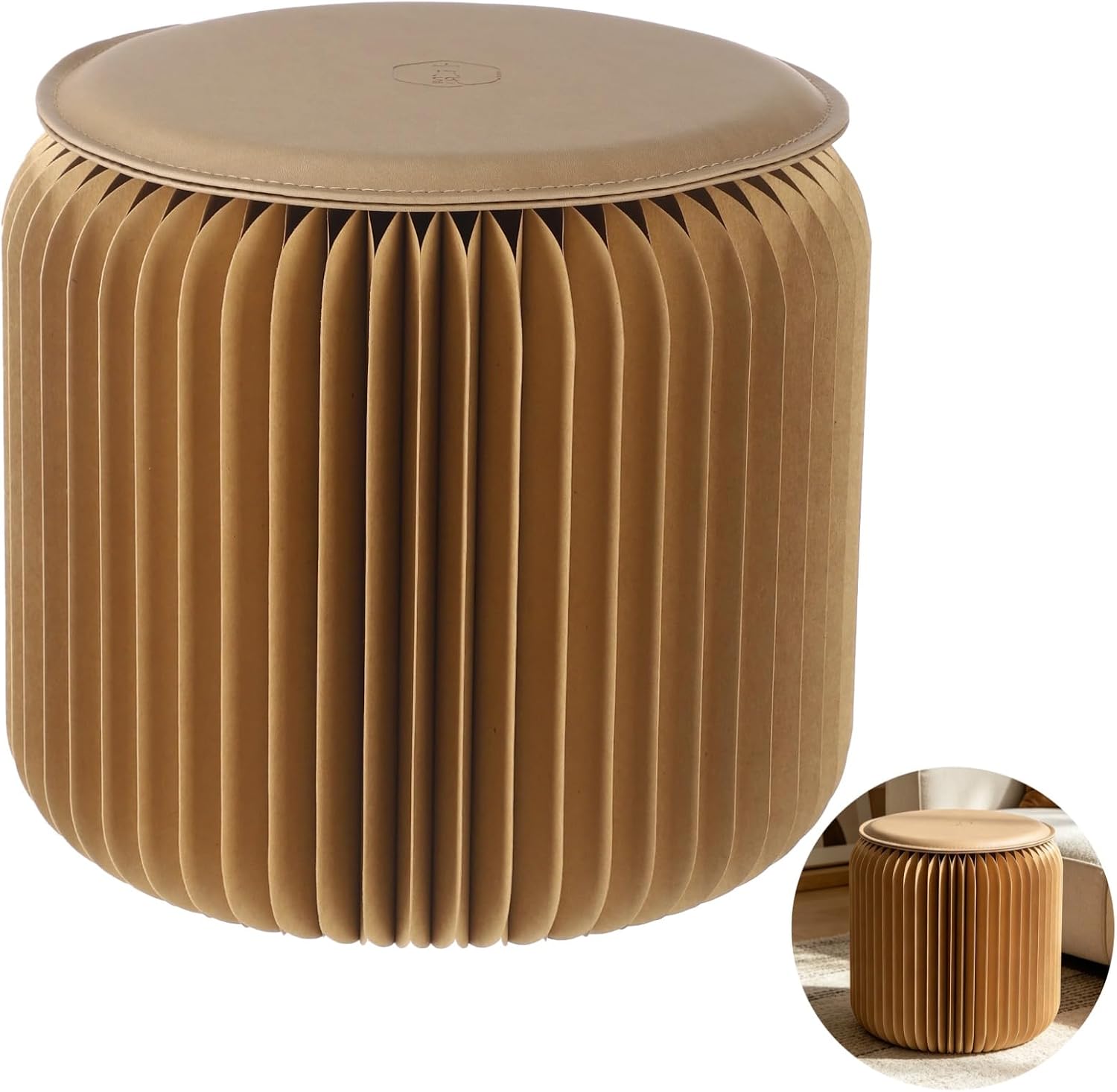 Paper Folding Stool, 12 Inch Kraft Paper Honeycomb Design Stool, 661 Lbs Load Capacity Modern Minimalist Round Seat with PU Cushion for Bedroom, Living Room, Office