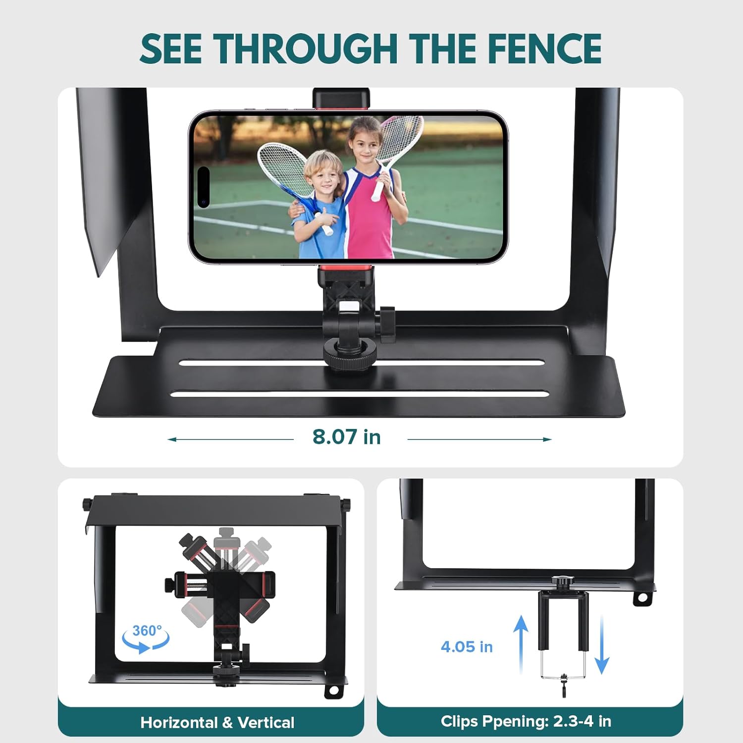 Phone Fence Mount with Adjustable Shade,Mounting Kit with Power Bank Clip for iPhone, GoPro, Mevo Start and Other Action Cameras, Fence Mount for Recording Baseball,Softball, Hockey and Tennis Games
