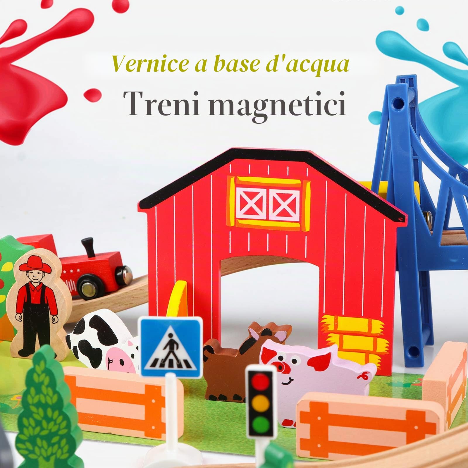 Jacootoys 80 pezzi Trenino Legno Giocattoli Pista Macchinine Ferrovia Treno Giocattolo Giochi Educativi Fienile in fattoria per bambini da 3 anni