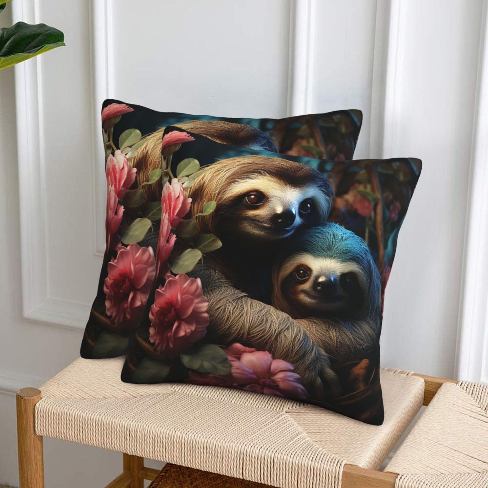 NONHAI Decorative Throw Pillow Covers Set of 2, 18"x18" Square Cushion Case Soft Comfy A Sloth and a Baby Sloth Throw Pillows for Couch Cushion Livingroom Farmhouse Home Decor Pillowcases