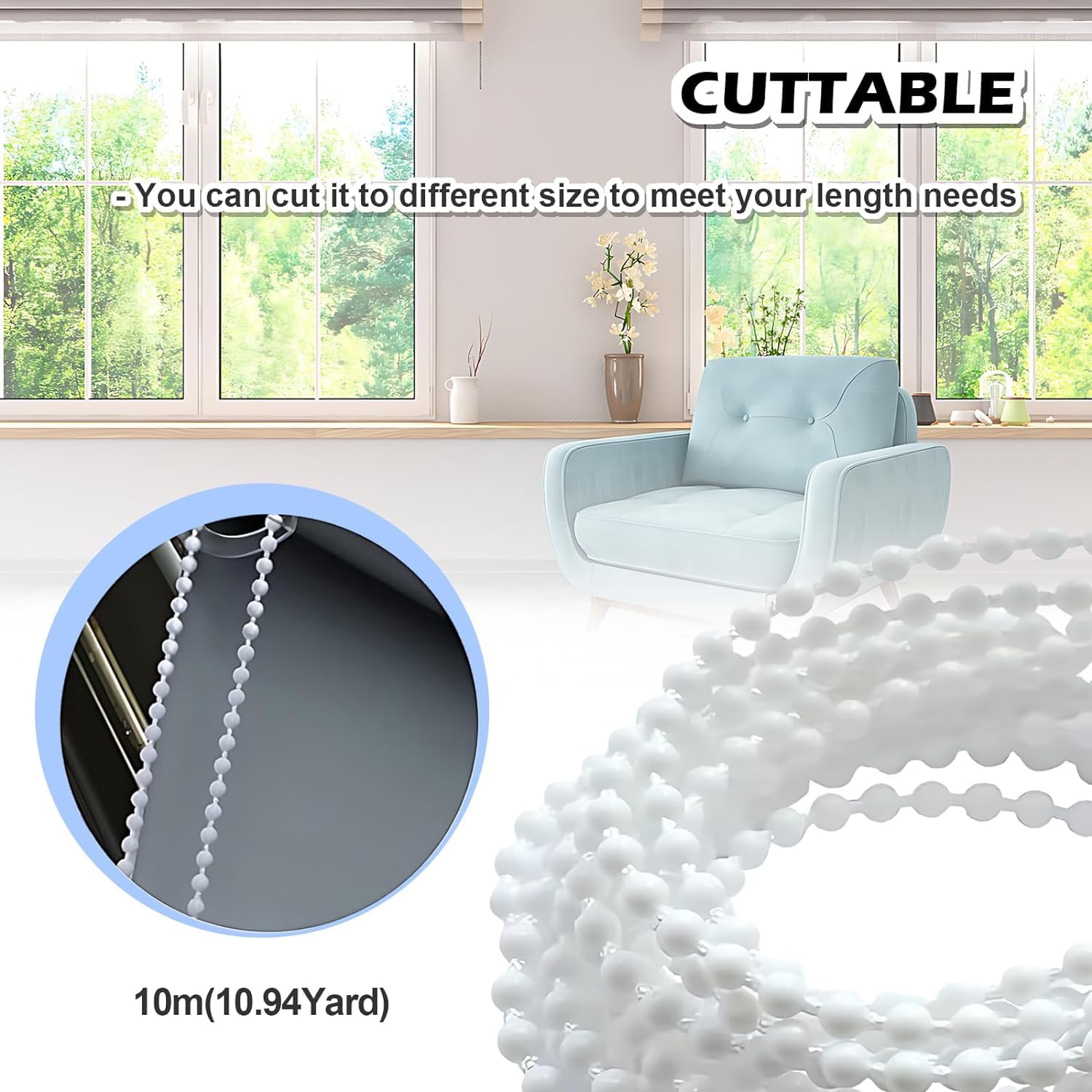 Chaîne à Sertir Pour Stores – 10 Mètres + 10 Paires De Clips – Noir – Compatible Store Enrouleur, Vertical, Romain – Installation Facile