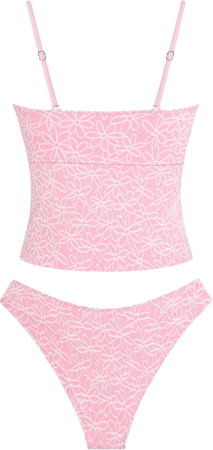 ZAFUL Tankini Swimsuits for Women Bow Tie Side Bathing Suits Tummy Control High Cut Two Piece Bikini Sets