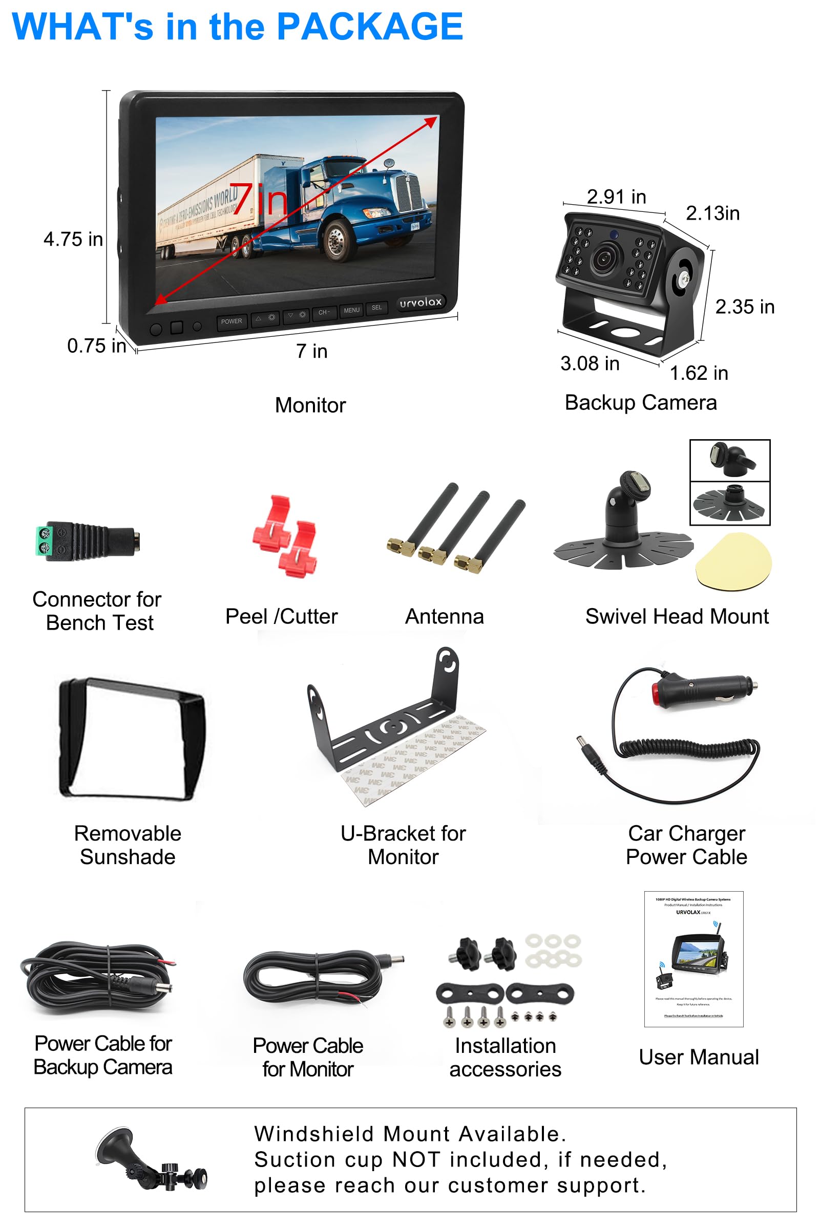 URVOLAX Telecamera Retromarcia Wireless,Monitor da 7"e Telecamera Posteriore Impermeabile IP69K, Visione Notturna HD 1080P 170 ° Grandangolare Telecamera Parcheggio Auto per Roulotte Autocarri Auto