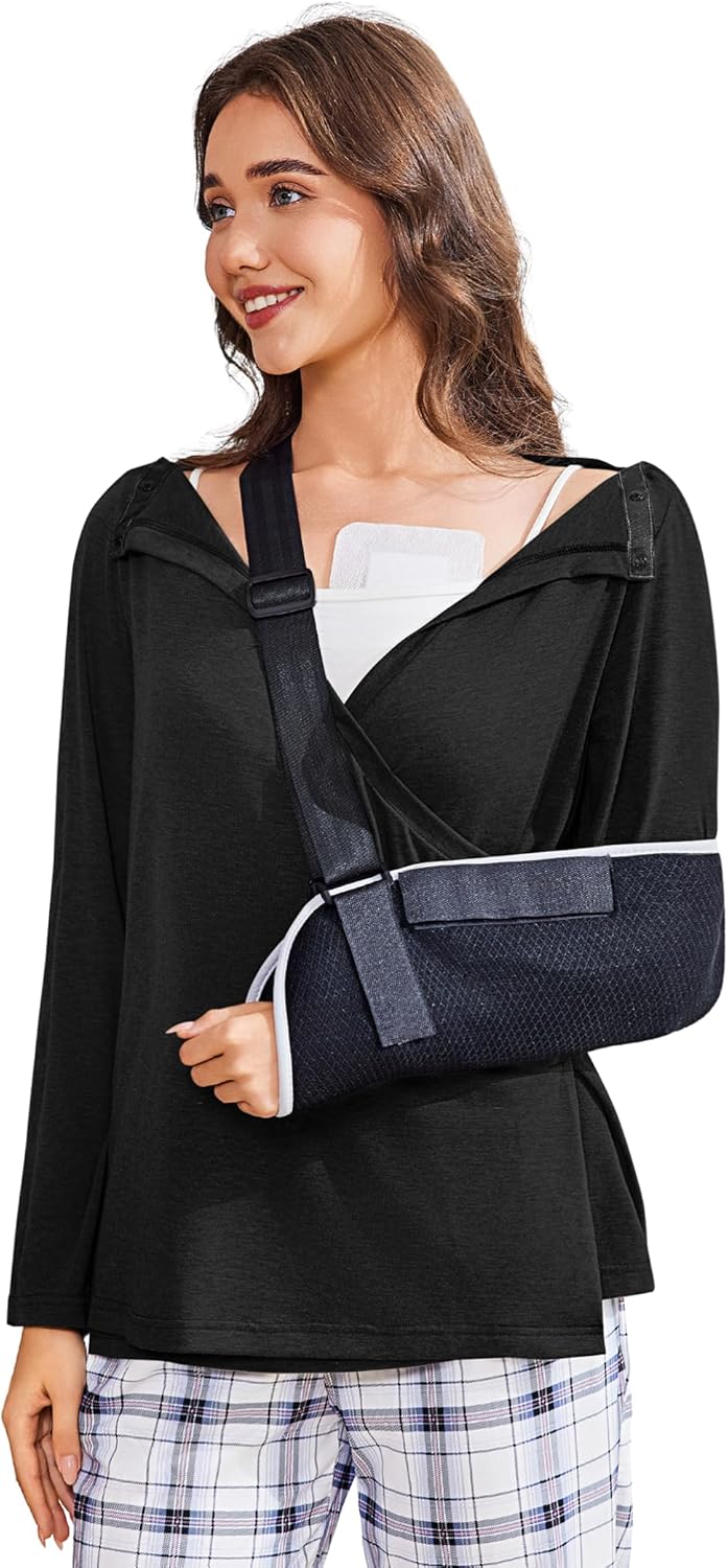 Deyeek Women's Post Shoulder Surgery Shirts Long Sleeve V-Neck Wrap Chemo Blouse Easy Access Adaptive Snap On Dialysis Shirts - Image 2