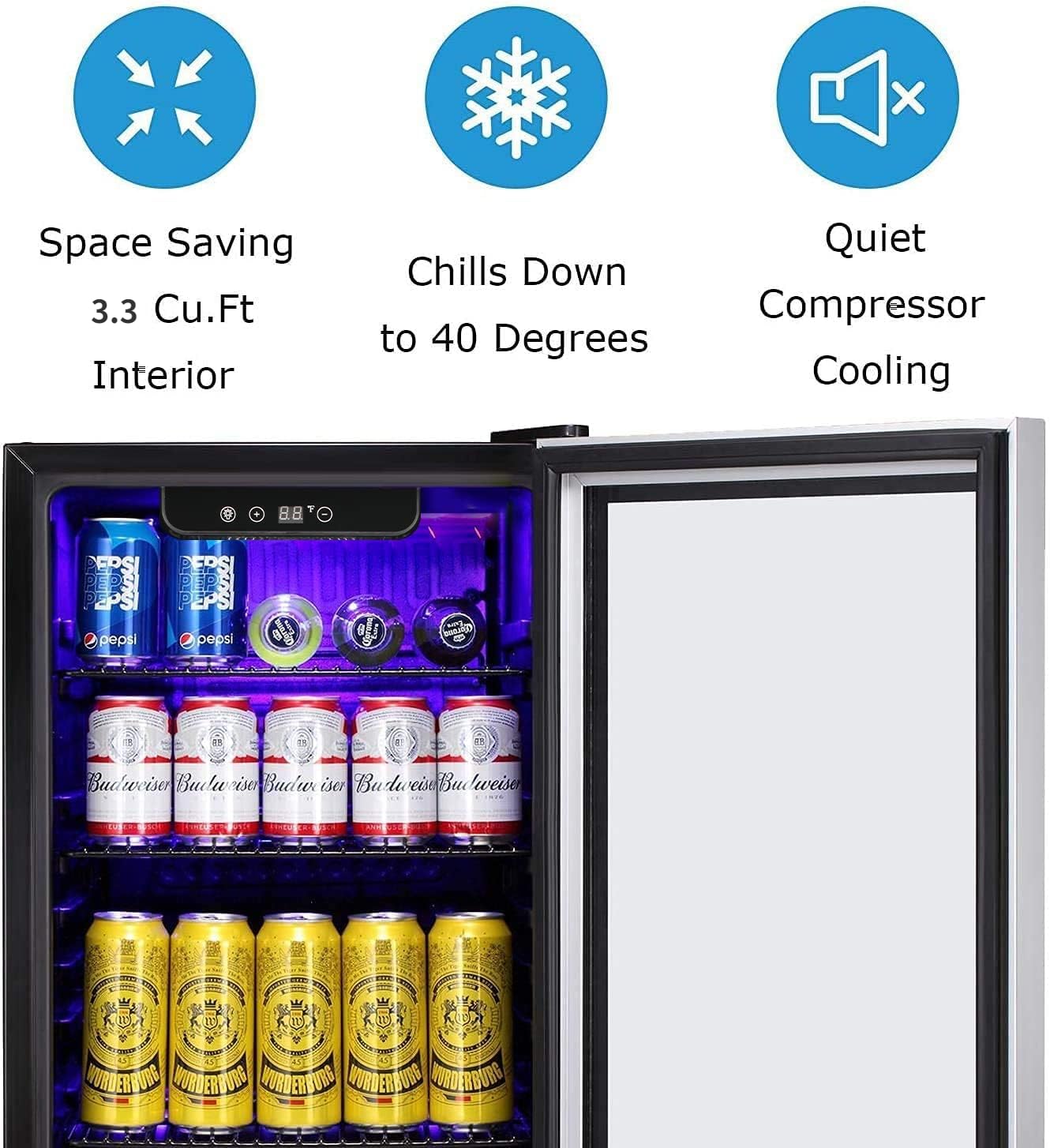 Antarctic Star Beverage Refrigerator -125 Can Mini Fridge For Soda Beer Or Wine, Stainless Steel Door Frame, For Office Or Bar With Adjustable Removable Shelves, Black, 3.3 Cu.Ft on Fridge.com - View 4
