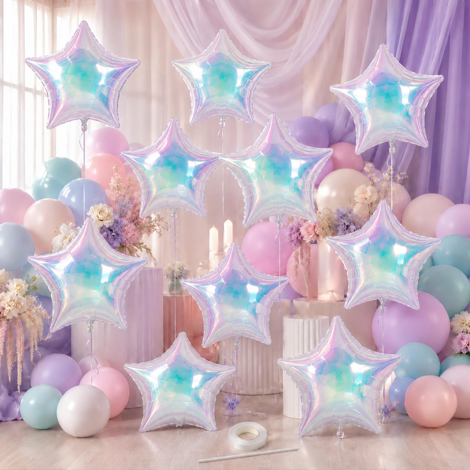 Iridescent Star Balloons, 10 Pcs 18 Inch Holographic Foil Balloons for Birthday Wedding Baby Shower Graduation Engagement Anniversary Party Decorations