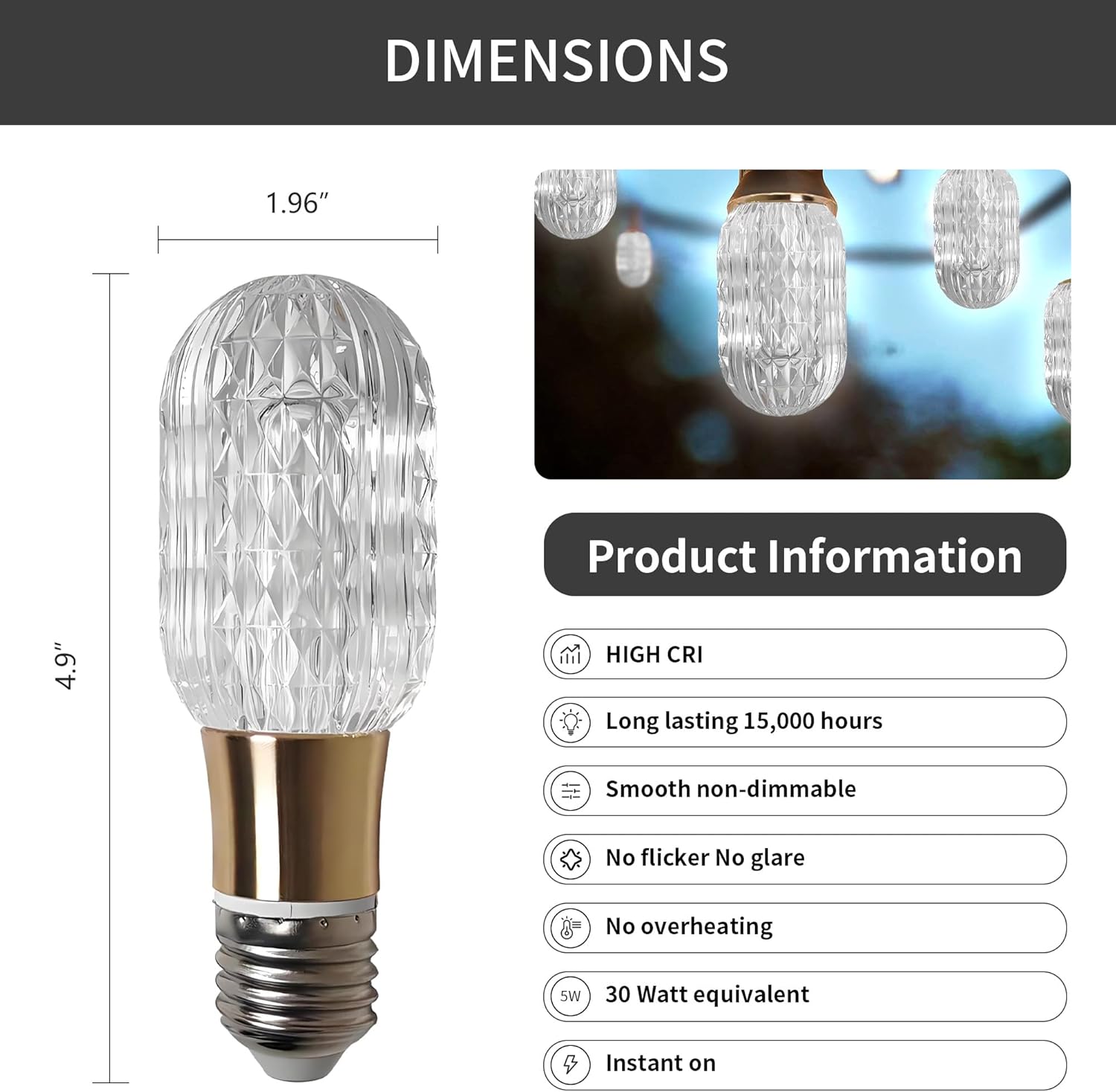6pcs Acrylic Decorative E26 LED Light Bulbs 5w Equivalent 30 watt, Unique Fancy Light Bulb Soft White 6500k,Non-dimmable Lightbulbs for Living Room Dining Room,150 Lumens (B003-White-6500k, 6pcs)