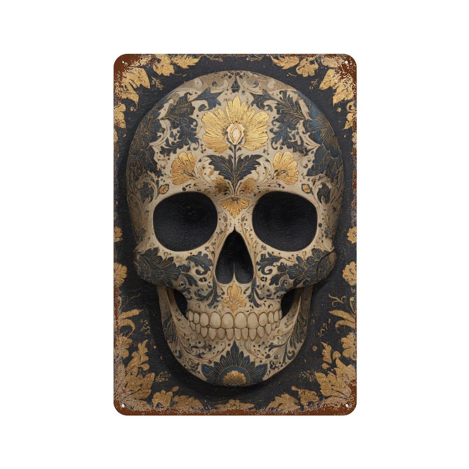 Rust Effect Decorative Carved Wooden Skull Rusty Metal Tin Sign 11.8"x7.9", Industrial Home Decor for Living Room, Hallway And Home Decor