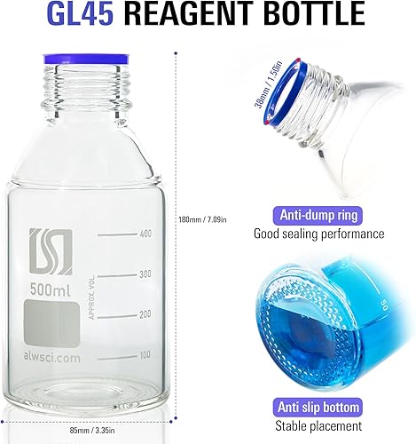 Vista 2 de ALWSCI Botella redonda de vidrio graduado de 16.9 fl oz con tapa de rosca azul GL45, vidrio de borosilicato 3.3, botella de reactivo de laboratorio