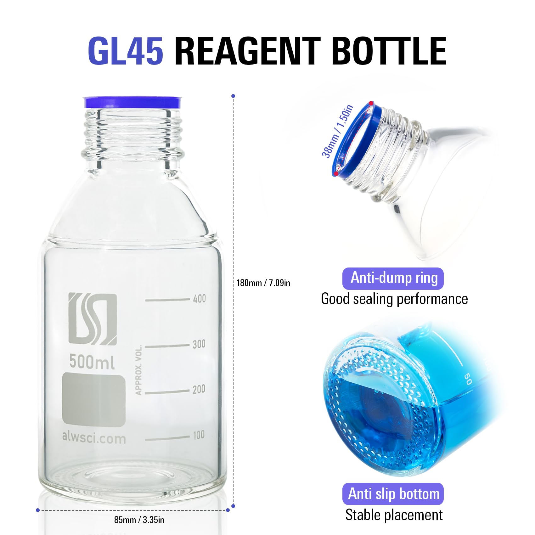 ALWSCI Botellas de Laboratorio de 500 mL con GL45 Tapón, Vidrio Borosilicato Claro Redondo Medio Reactivo de Laboratorio Botellas de Almacenamiento, 4 unidades