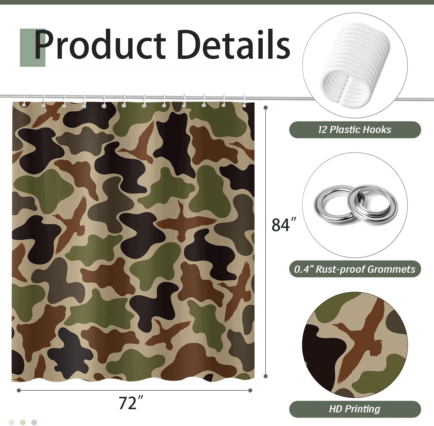 Duck Camo Hunter Green Shower Curtain, Woodland Hunting Boys Teens Shower Curtains Set, Rustic Wild Animal Kids Polyester Fabric Shower Curtains for Bathroom with Hooks 72X84IN Black Brown