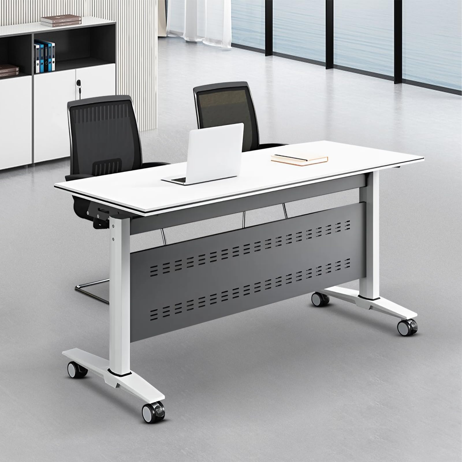 6-Pack Modern Office Folding Conference Table,White Conference Room Table with Caster Wheels,Flip Top Mobile Training Table,Foldable Meeting Table for Office,Meeting Room
