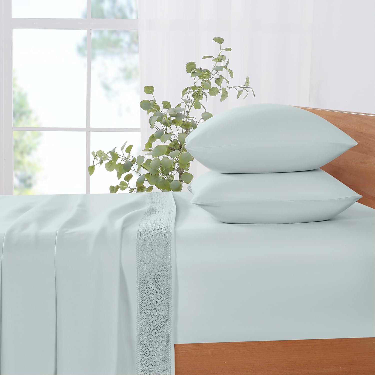 Modern Threads 4 Piece Microfiber Sheet Set – Soft Cooling Bed Sheets with Crochet Lace – Deep Pocket, Wrinkle Free, Breathable, Hotel Luxury Bedding, Pale Aqua, Queen