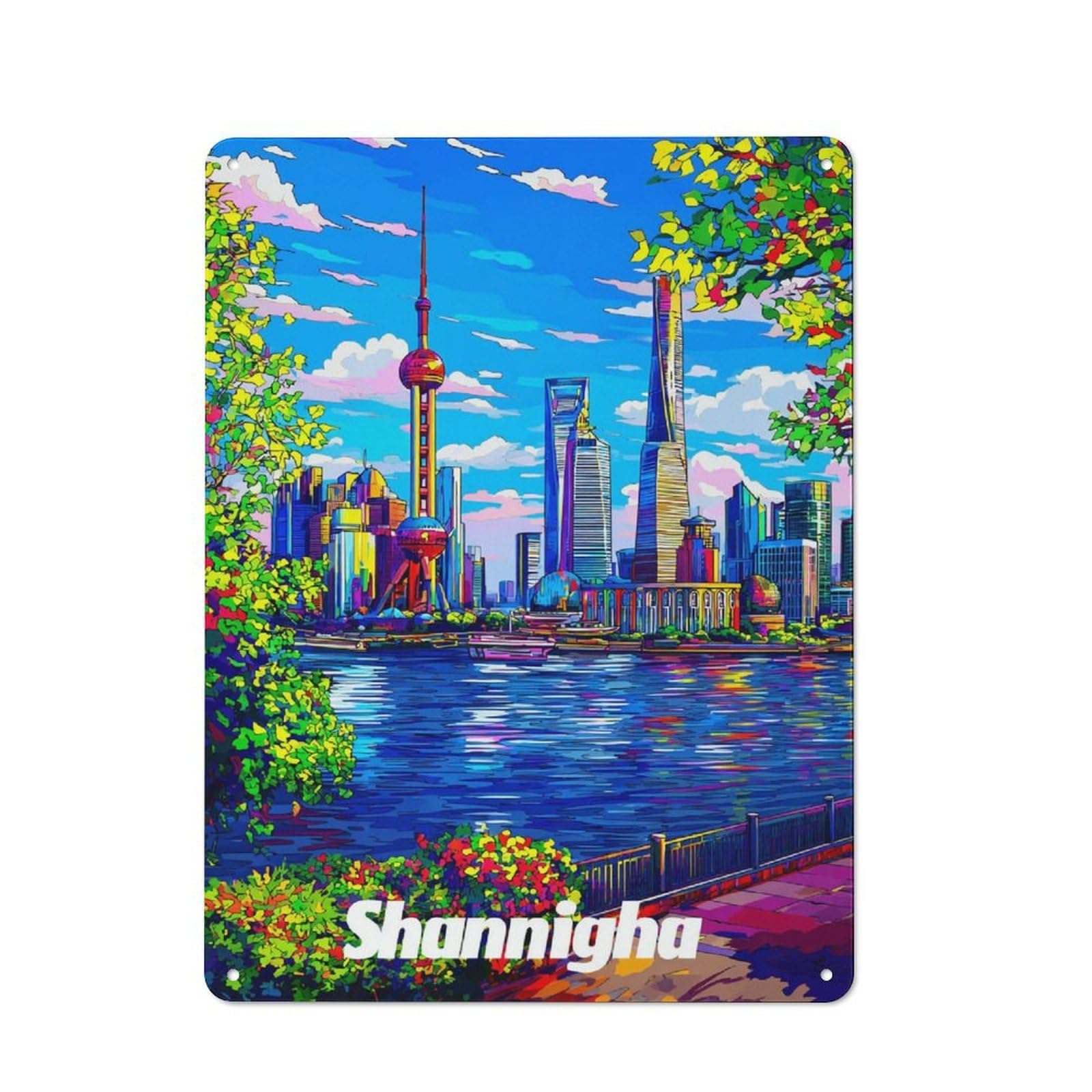 Junmoney Colorful Cityscape By The Water Vintage Metal Wall Decor 40X30cm, Tin Wall Sign For Coffee Bar, Kitchen, Bistro Or Tea Corner