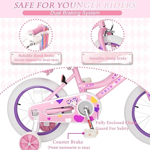 Miniatura 5 de XJD Bicicleta para niñas de 2 a 12 años de edad, bicicleta para niños de 12 a 20 pulgadas, con ruedas de entrenamiento y cesta Rosa claro,Flor