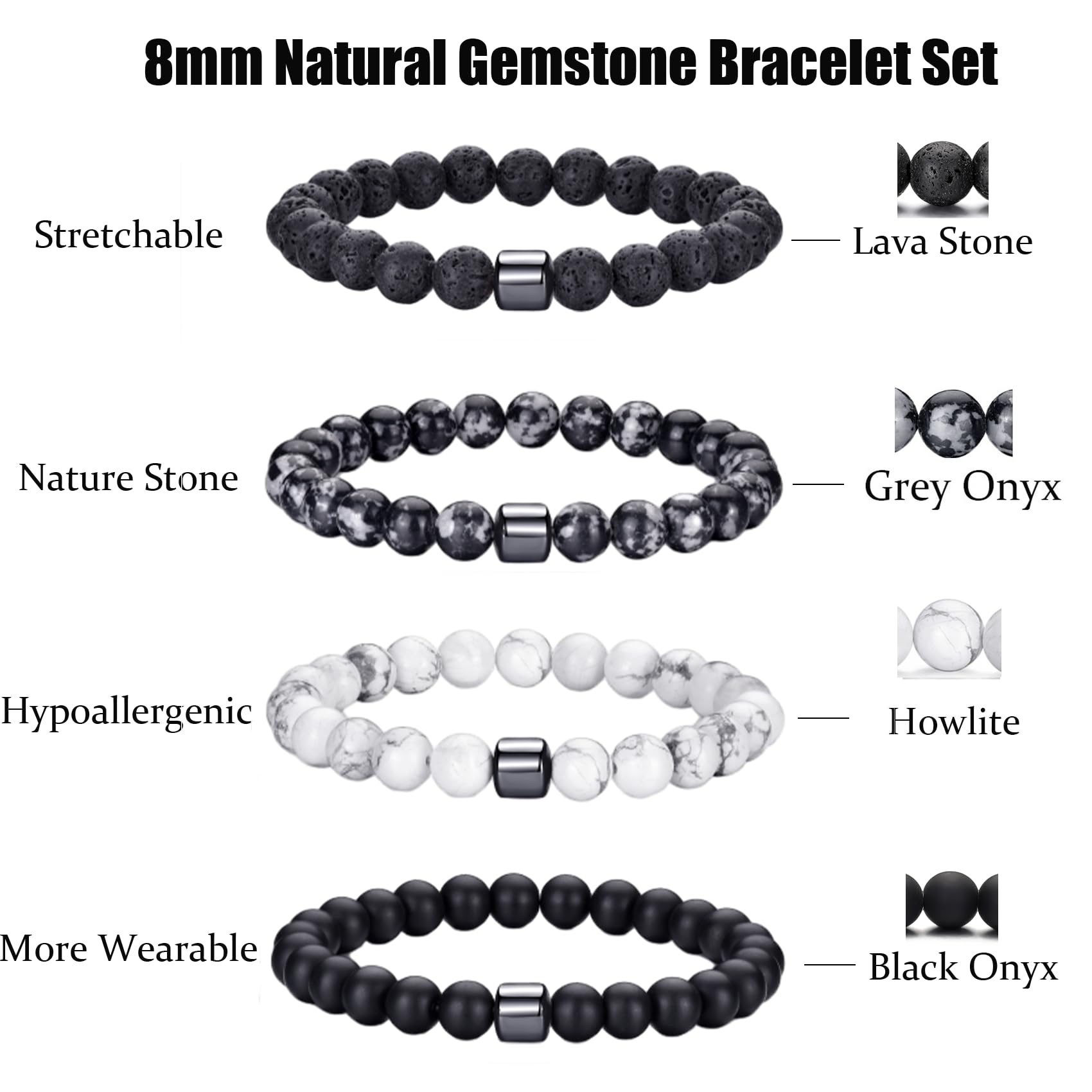 Bracciale Occhio di Tigre per Uomo 8MM Bracciale con Perline in Pietra Naturale Set Braccialetti Elasticizzati in Pietra Lavica Bracciale Regolabile con Perline di Cristallo Nero per Uomo Donna Regali