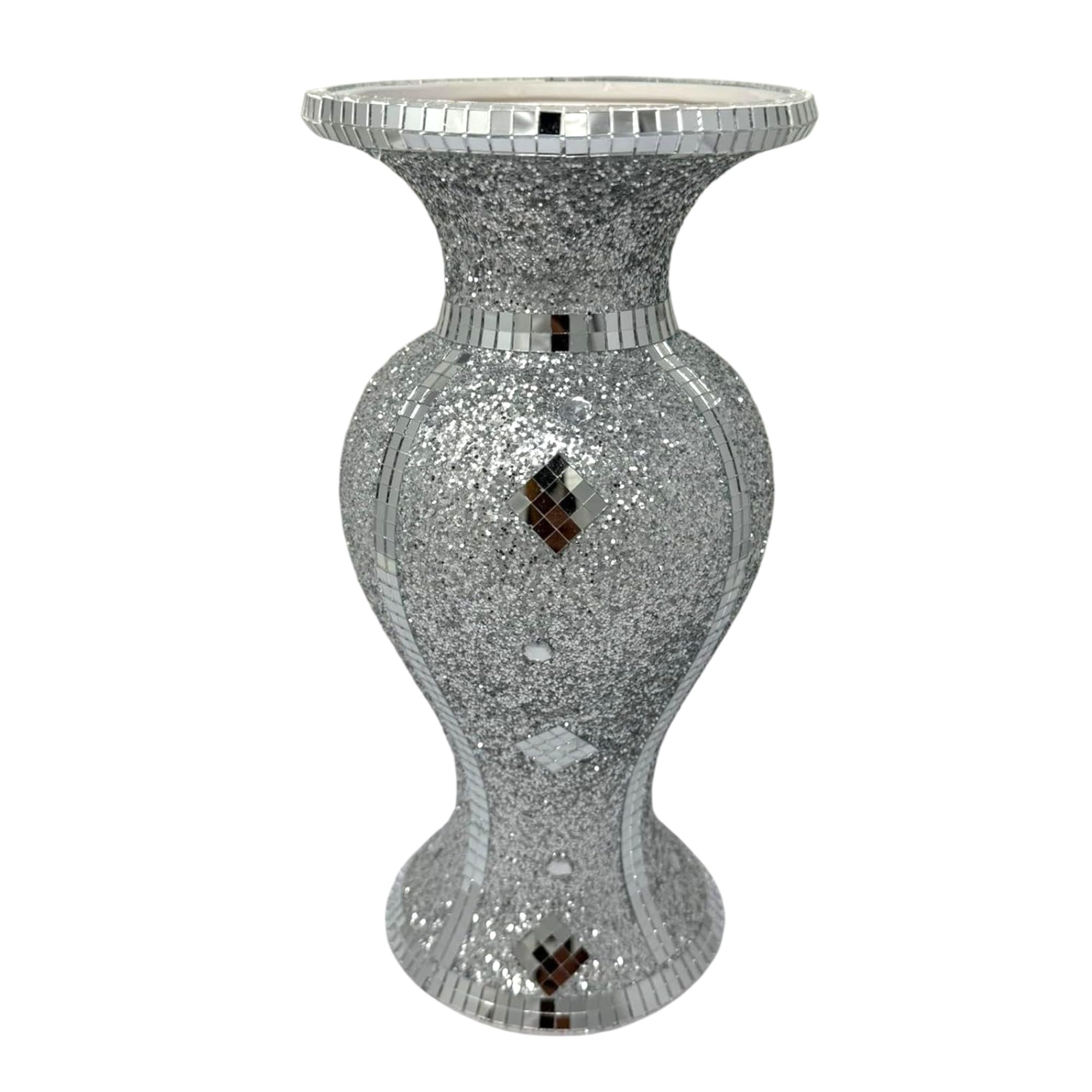 Shabjy Silver Large 30Cm Crushed Diamond Sparkle Vase – Handmade Ceramic Floral Pot – Mirrored Crystal Ornament For Home Décor 30X15x10cm