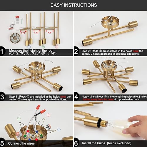 Miniatura 7 de Sputnik Candelabros, lámpara de techo moderna semiempotrada con base E26, lámparas industriales de mediados de siglo para cocina, casa de campo,