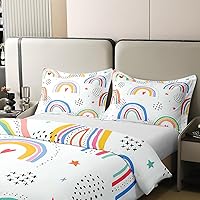 Vista 4 de Funda de edredón de 100 % algodón natural con diseño de arco iris, diseño de rayas coloridas, tamaño individual con 1 funda de almohada, estampado