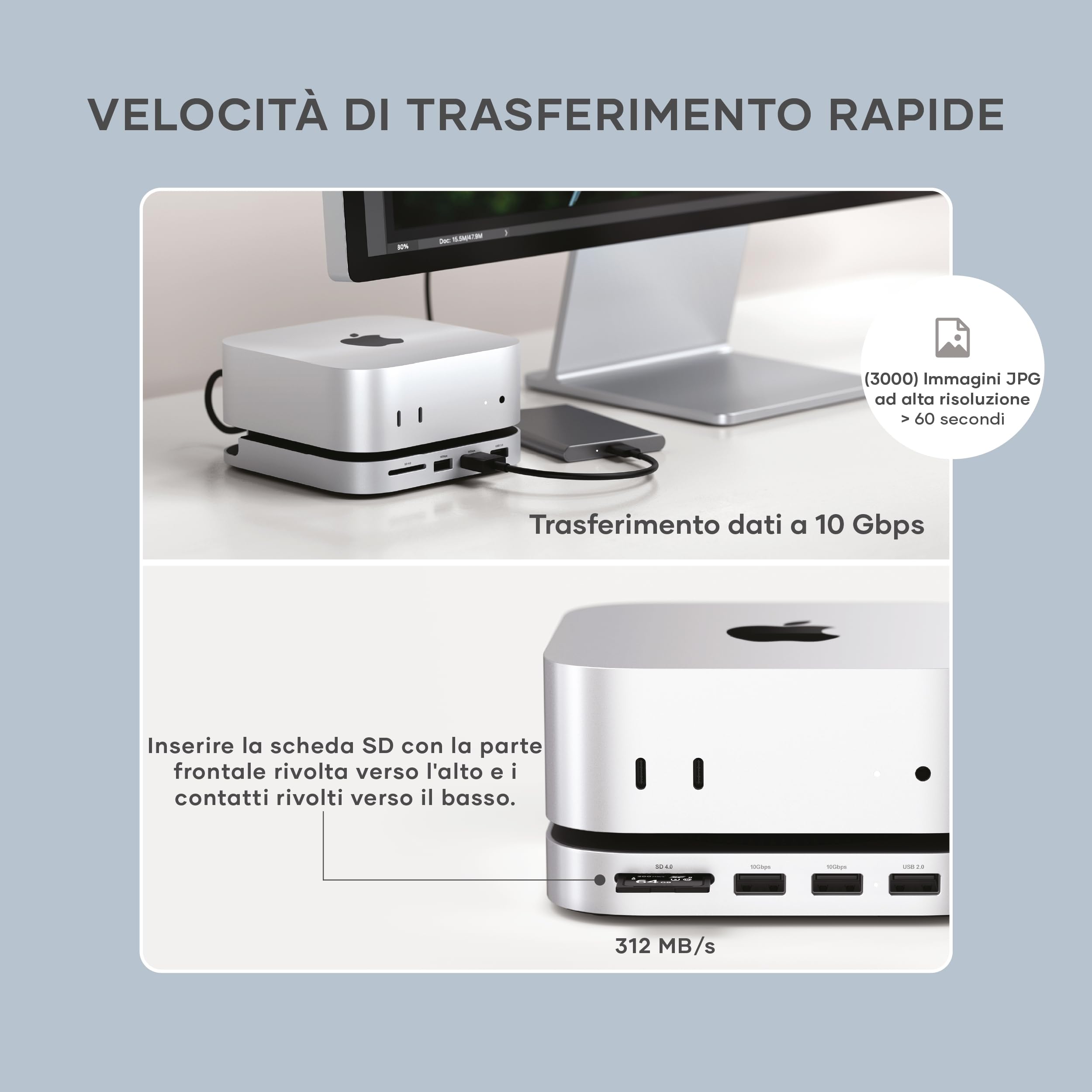 SATECHI Mac Mini M4 Hub & Supporto con SSD NVMe 10Gbps | Per Mac Mini M4 e M4 Pro, ventilazione ottimizzata, 2x USB-A 10Gbps, 1x a 480Mbps, lettore SD, cavo host USB-C integrato