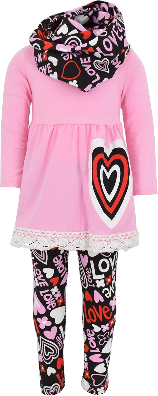 Unique Baby Girls Kids Toddler 3pc Outfit Set Long Sleeve Lace Trim Tunic Top Leggings and Scarf