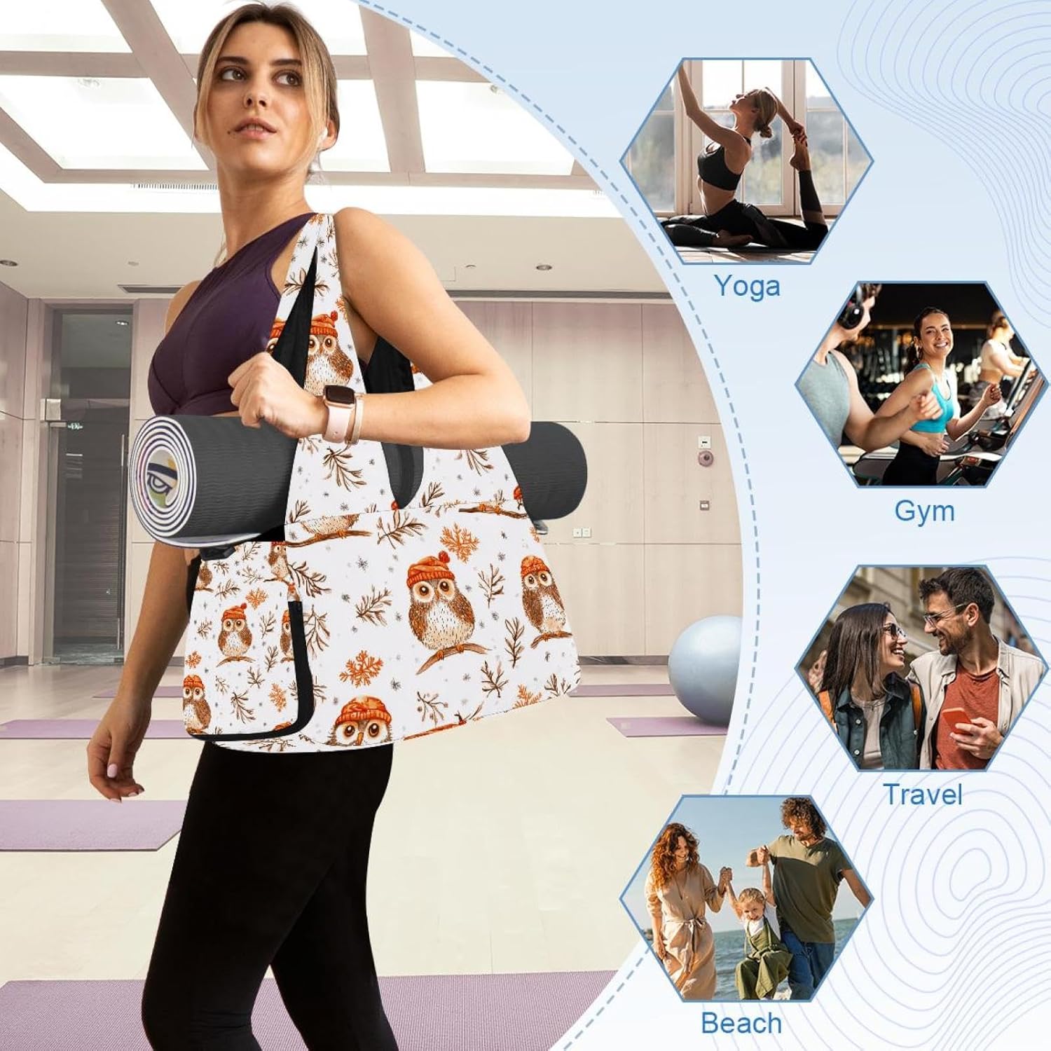 Gym Bag for Women, Owls Leaves Yoga Mat Bag with Shoe Compartment, Sport Yoga Gym Bag with Yoga Strap, Carryall Yoga Tote Bag
