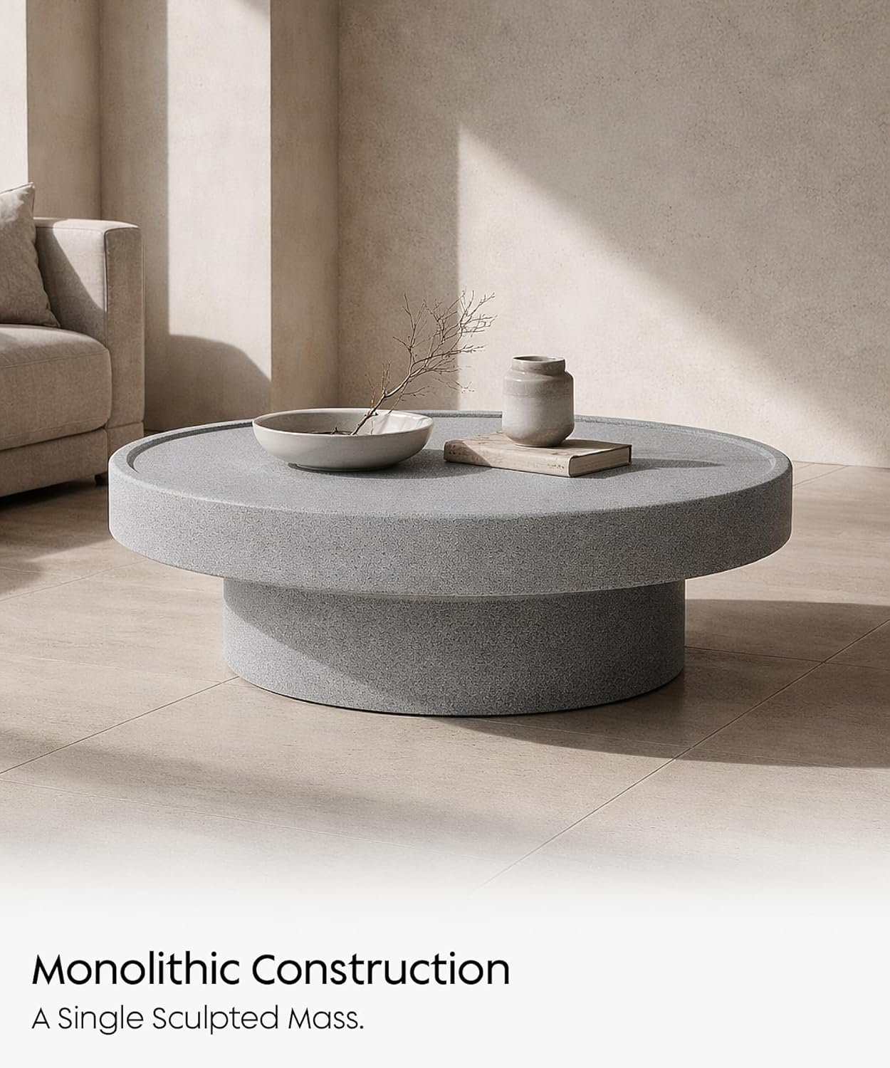 no.101 GFRC Concrete Coffee Table 39.3” - Handcrafted Round Modern Architectural Table, Weather Resistant, Indoor & Outdoor, 108 lbs Solid Cement Construction for Patio or Living Room