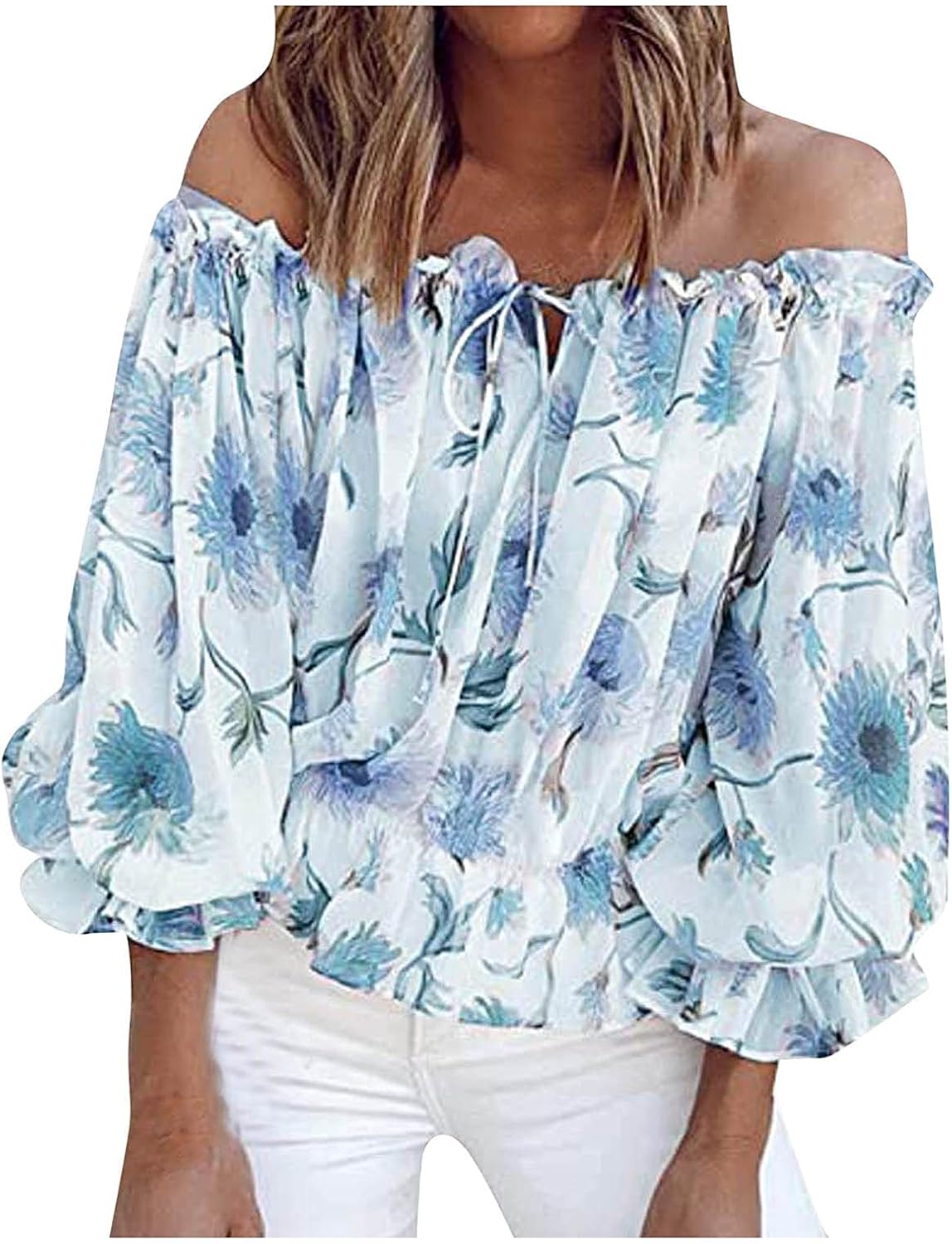 AMhomely Summer Tops for Women Sale,Ladies Graphic Tops Shoulder Collar Flowy Tunic 3/4 Short Sleeve Loose Blouse Plus Size UK