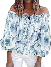 Keepink Off The Shoulder Tops for Women UK Sexy Floral Print Tops Oversized Batwing 3/4 Sleeve Blouses Casual Ruffles Tie-Up Chiffon Blouse Elegant Flowy Tunic Shirts Party Wedding