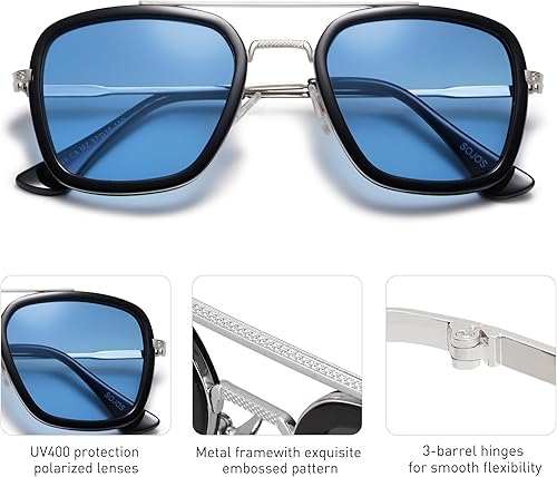 Miniatura 4 de SOJOS Gafas de sol polarizadas para hombres y mujeres, estilo aviador, retro, cuadradas, montura de aleación clásica, HERO SJ1126