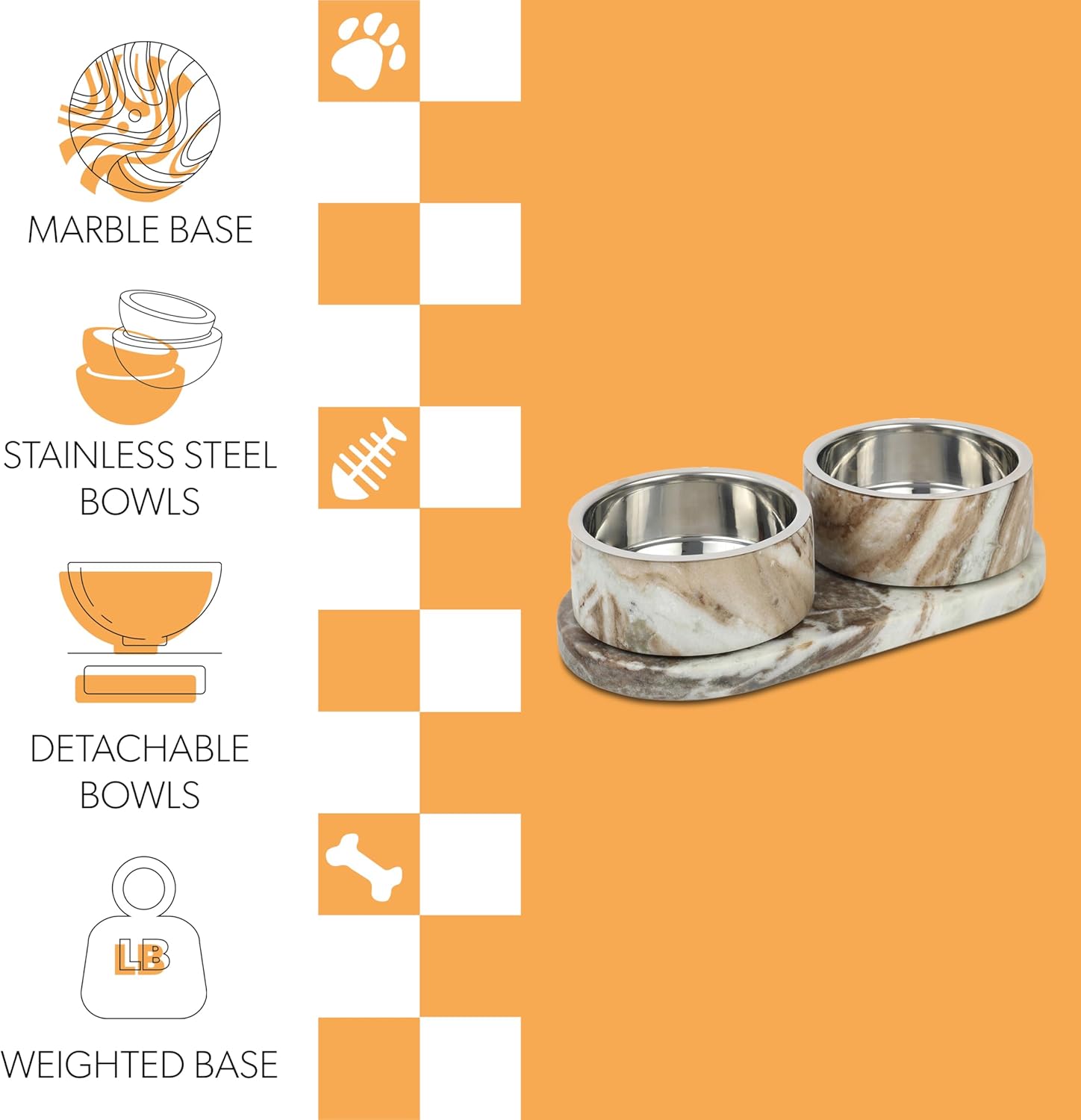 DBL1000C Marbre Small/Medium Modern Weighted Double Marble and Stainless Steel Bowl 12oz (1.5 Cups) Feeder with Non-Slip Marble Tray Set, Beige/Gray