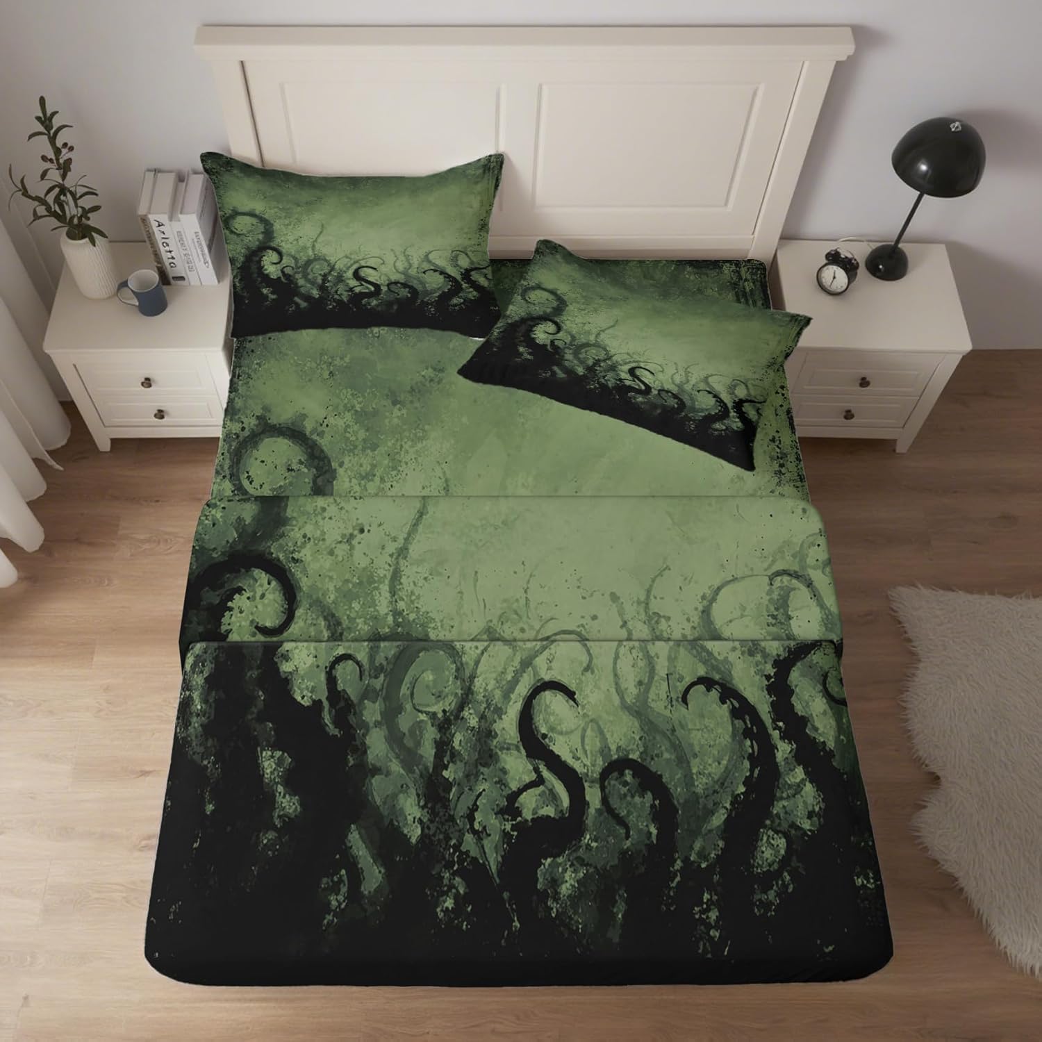 NOGAWA Gothic Octopus Sheets Queen Size, Kraken Tentacles Bed Sheets, Goth Witchy Bedding Sheets, Pillowcases 4 Piece Set, Microfiber Deep Pocket Fitted Sheet, Flat Sheet, 2 Pillow Cases