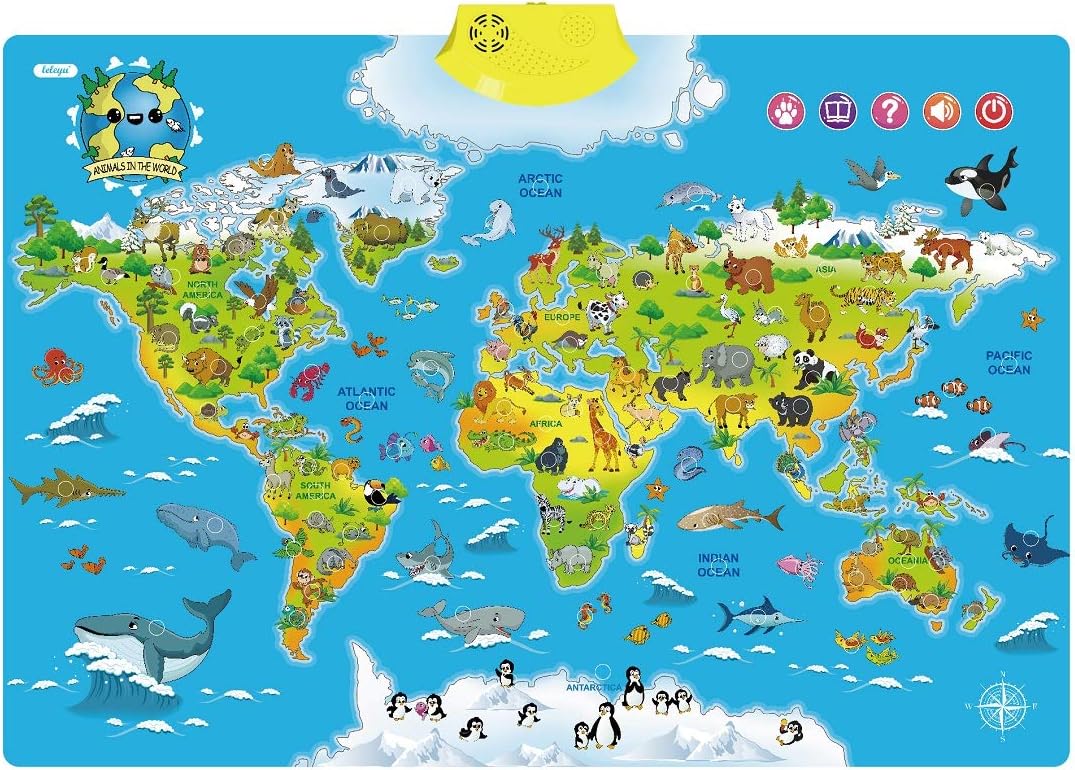 BERRY Large Talking Educational Poster 105 Animals World Map Learning Animal Electronic Wall Poster Toddlers 7 Continents
