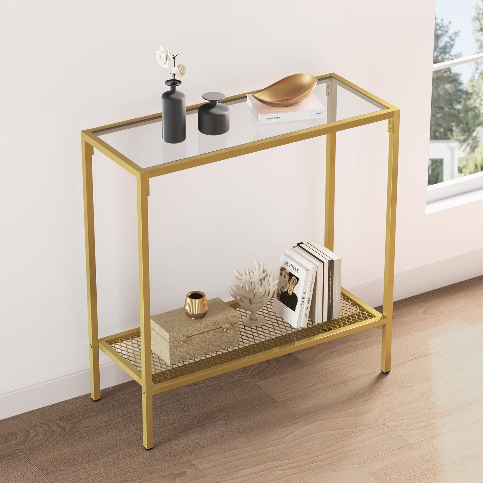 SAYGOER Gold Console Table Small Glass Entryway Table Narrow Sofa Table with Storage, 2 Tier Couch Table Hallway Table for Entry Way Living Room Home Office, Easy Assembly
