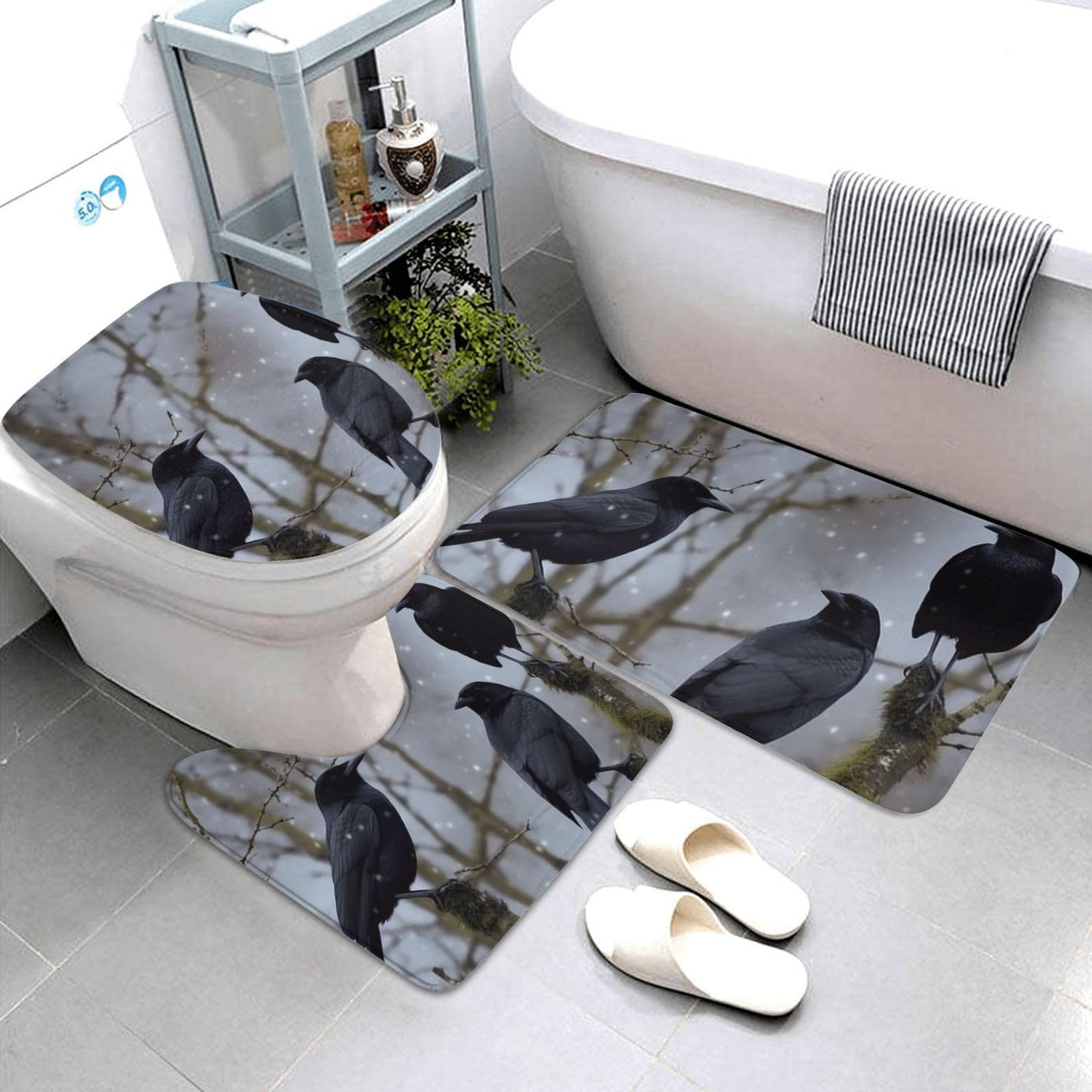 Dwrepo Black Crow Birds Print Bathroom Rug Set 3 Piece with Non-Slip U-Shaped Contour Mat and Toilet Lid Cover for Bathroom Decoration