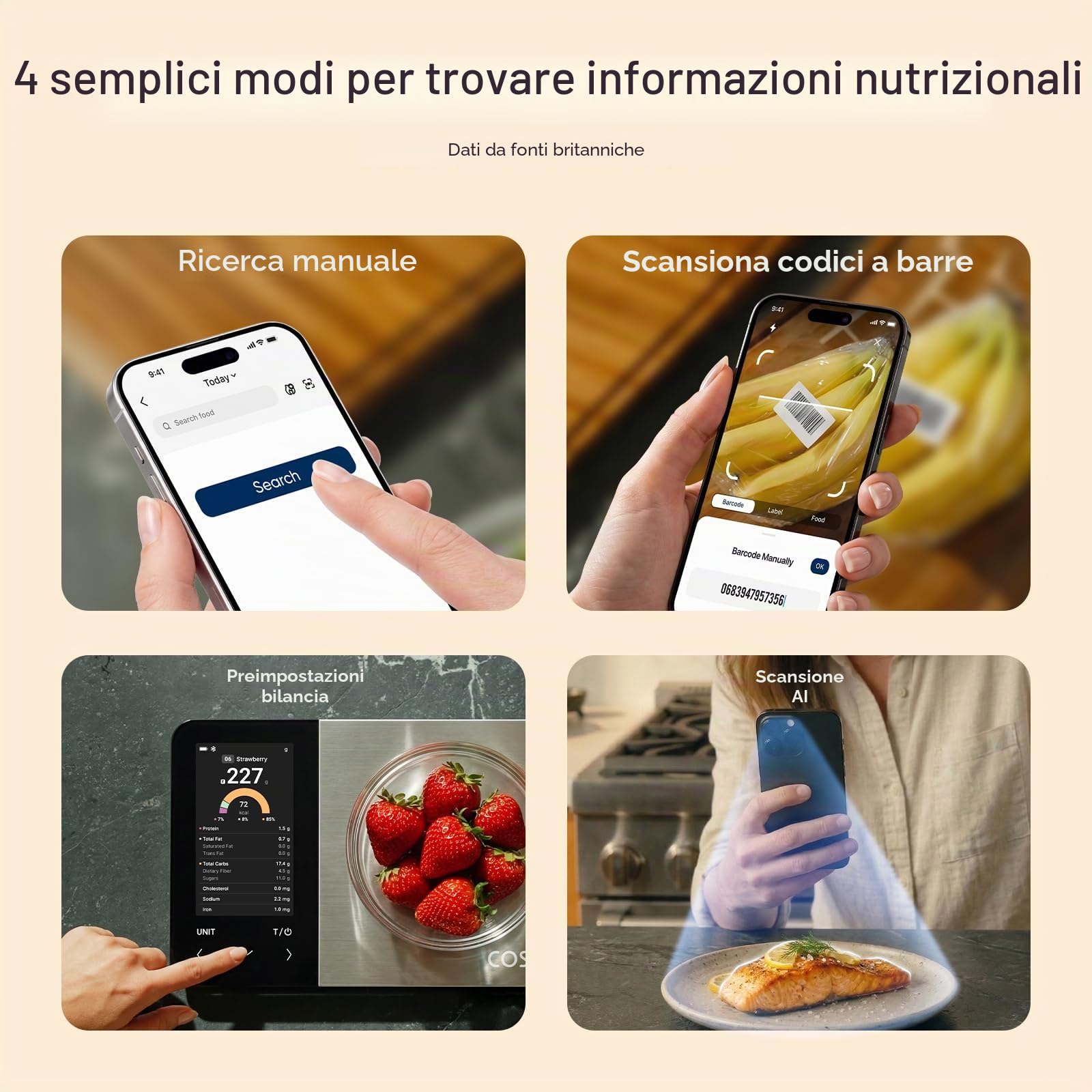 Cosori Bilancia intelligente per alimenti, app gratuita con ampio database alimentare del Regno Unito, bilancia conteggio calorie premium, display a colori trasparente, scansione AI, traccia 19
