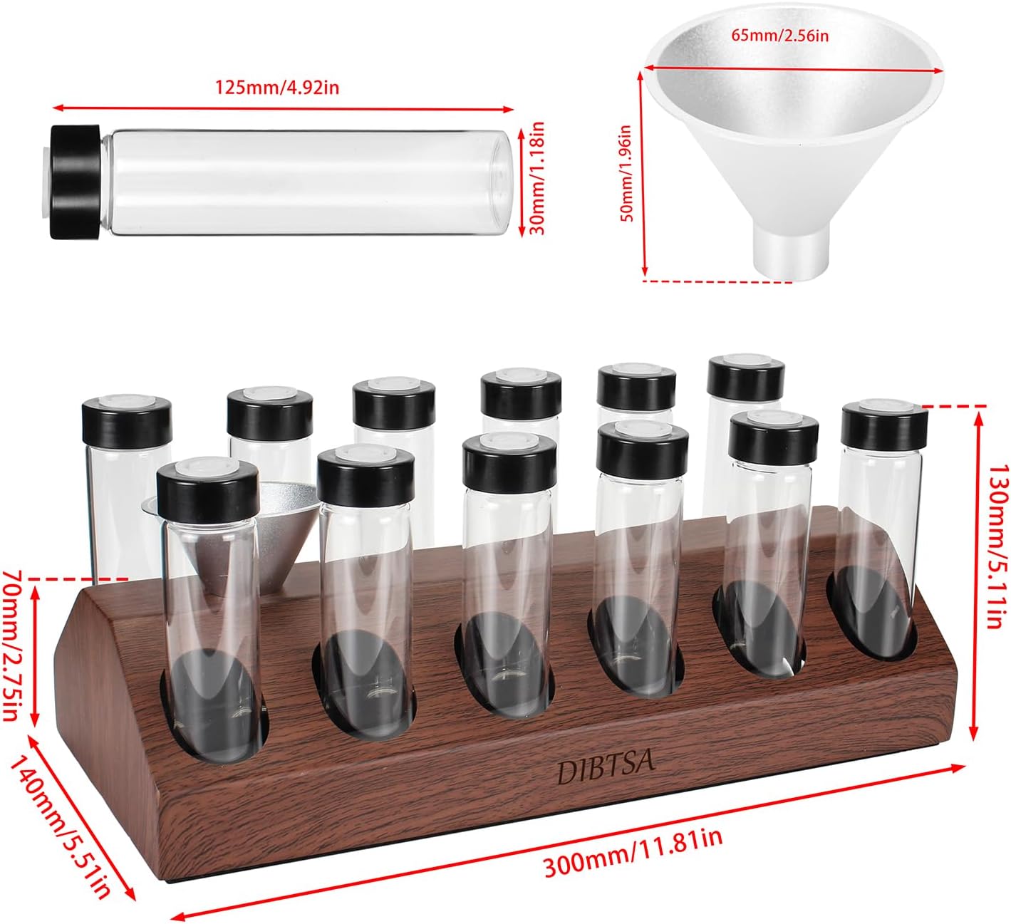 DIBTSA Coffee Bean Cellars, 12 Single Dose Espresso Beans Storage Container Tubes with One-Way Exhaust Valve, Display Stand and Mini-hopper
