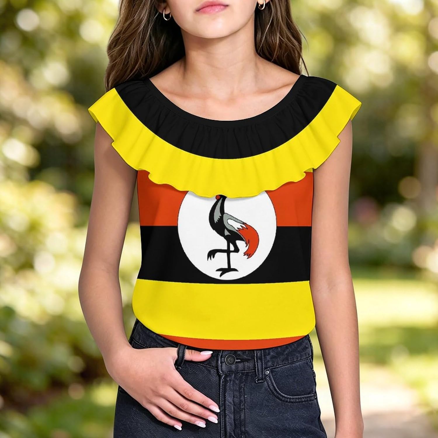 Uganda Ugandan Flag Girls T-Shirts Top Ruffle Short Sleeve Blouse Casual Graphic Tees