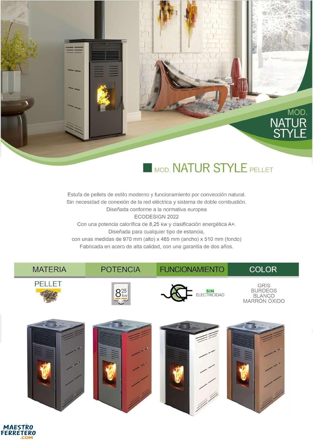 Poêle à granulés sans électricité modèle Natur Style 8 kW. Fonctionne sans connexion électrique. Couleur blanche