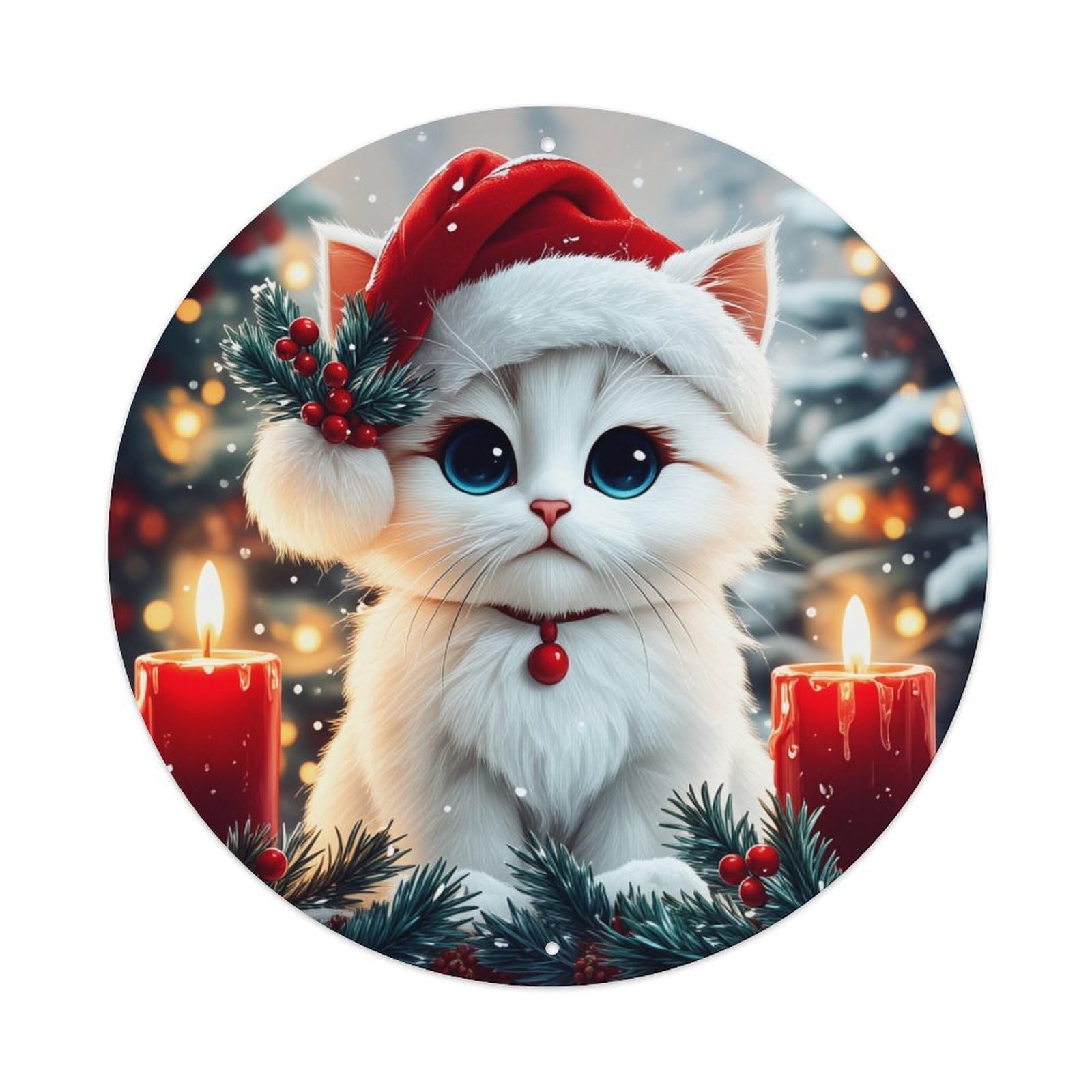 Christmas Cat With Candles And Pine Round Tin Sign Retro Metal Sign for Cafe Bar Pub Home Game Room Gym Club Wall Decoration Vintage Metal Poster 8x8 Inch