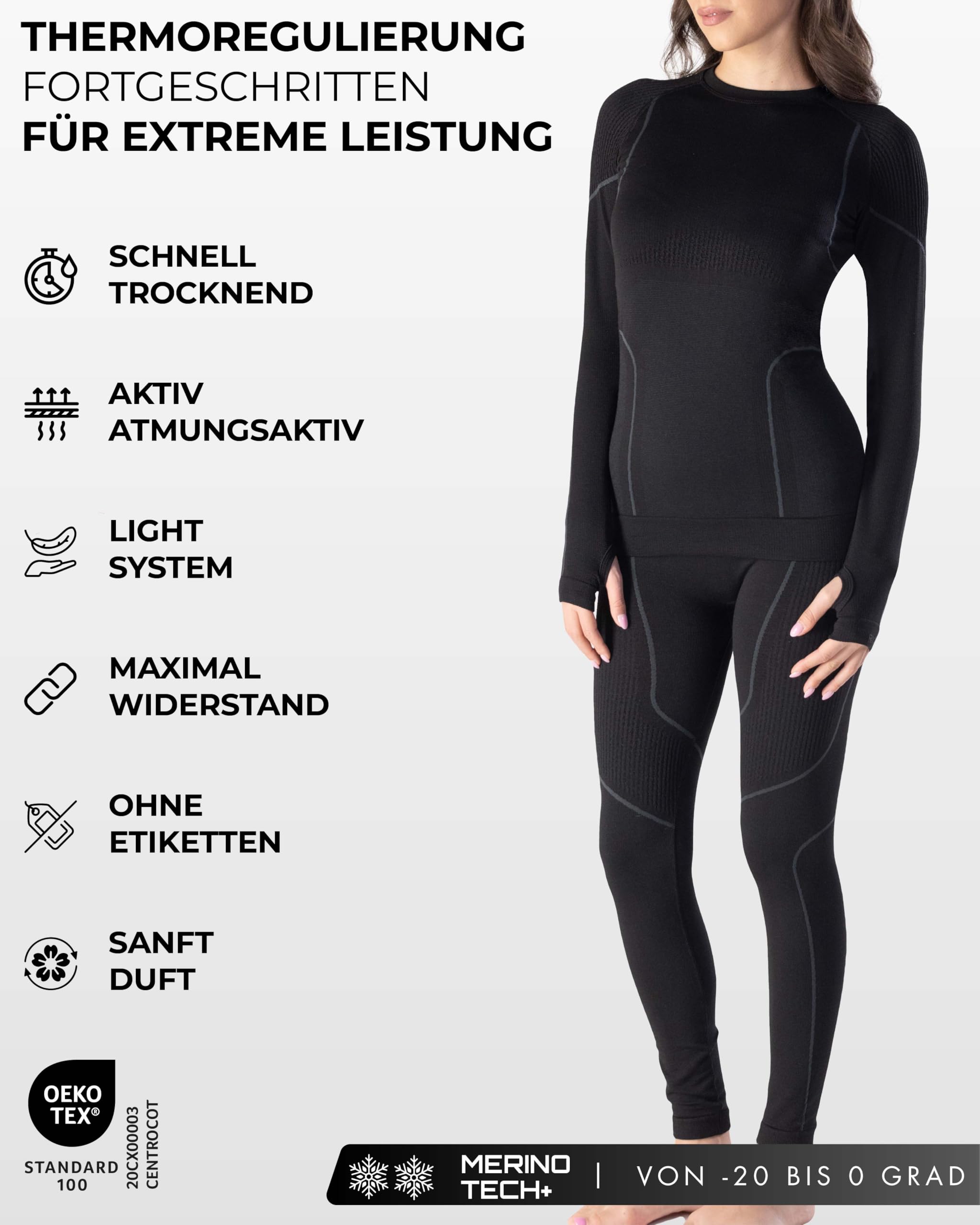 Risalti Thermounterwäsche Damen Merino Tech – Thermoshirt Damen Langarm Und Thermounterhose aus Premium Merinowolle und Dryarn, Extrem Funktionsunterwäsche, Winter, Ski, Wandern – Made In Italy