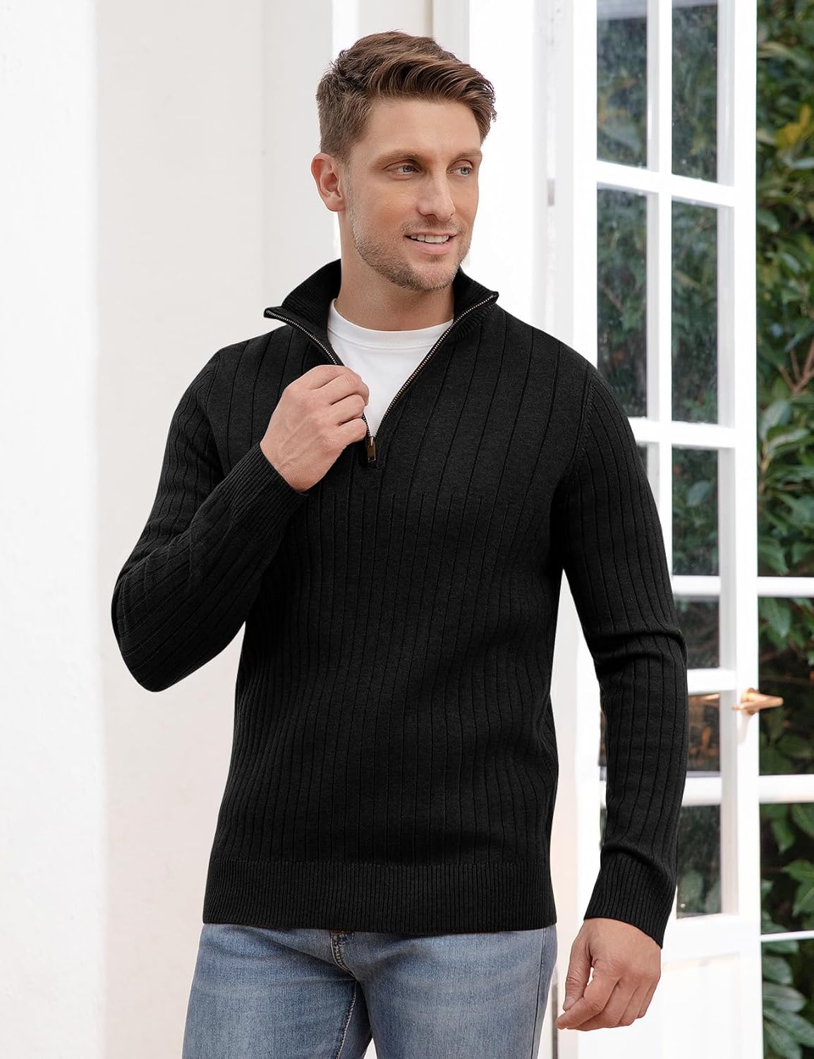 Kissonic Men's Quarter-Zip Pullover Sweater Slim Fit Mock Neck Lightweight Knitted Casual Polo Sweaters